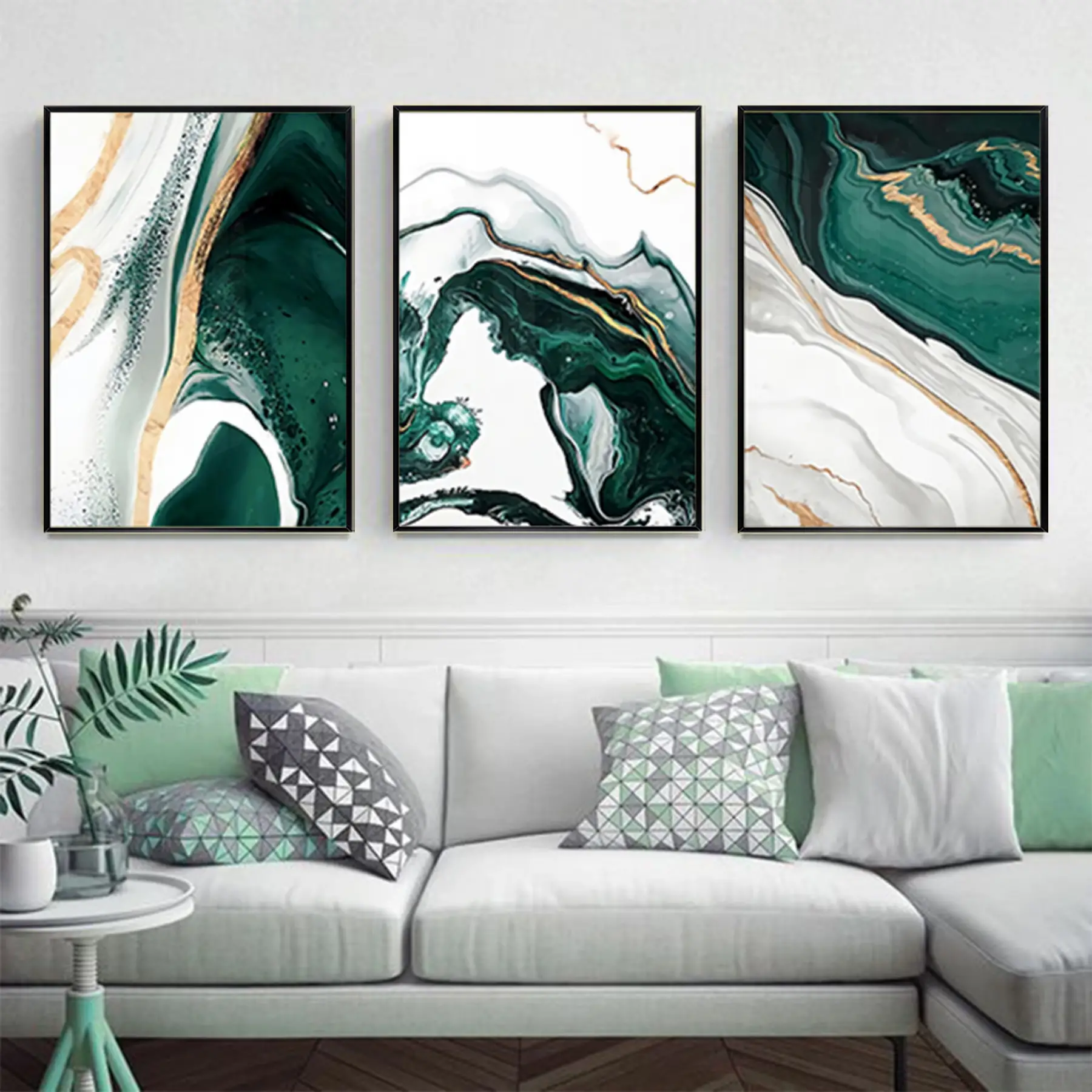 Soyut Yeşil Desenli Metal Çerçeveli Tablo Seti Siyah