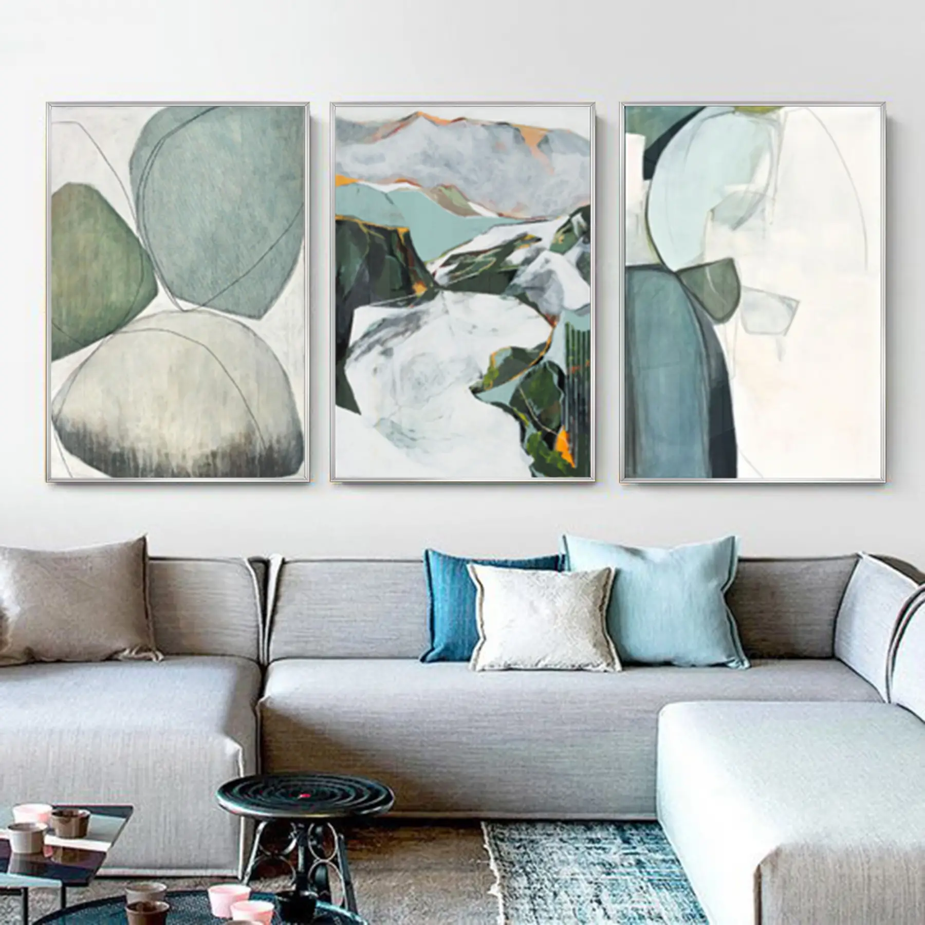 Yeşil Soyut Desenli Metal Çerçeveli Tablo Seti Gümüş