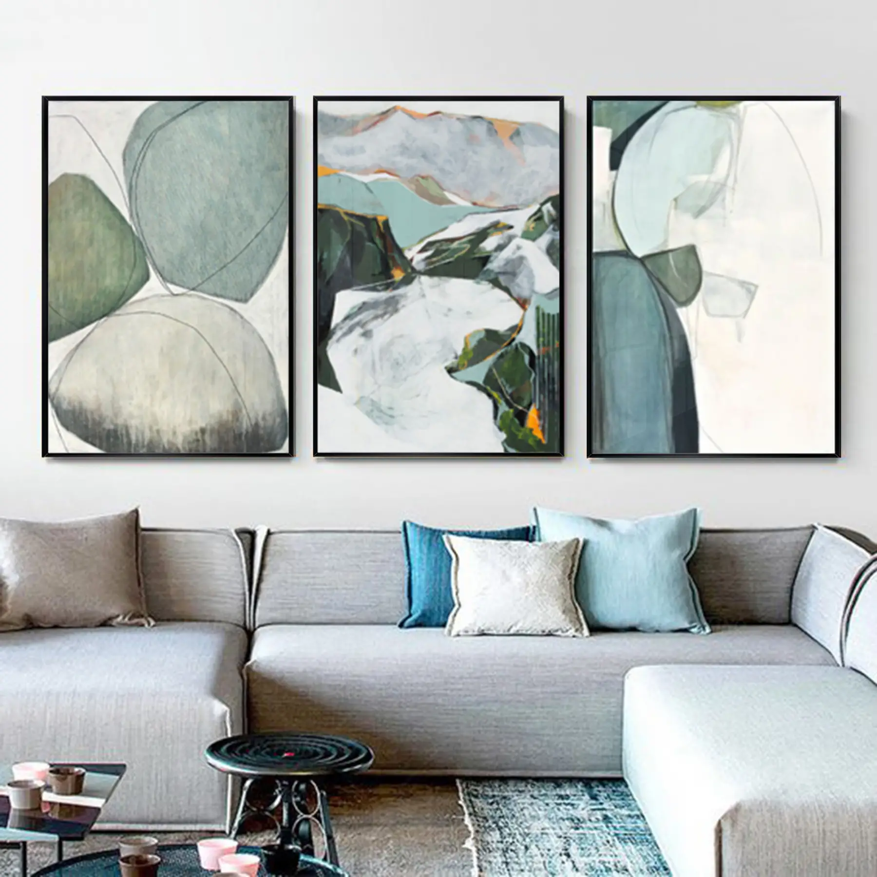 Yeşil Soyut Desenli Metal Çerçeveli Tablo Seti Siyah