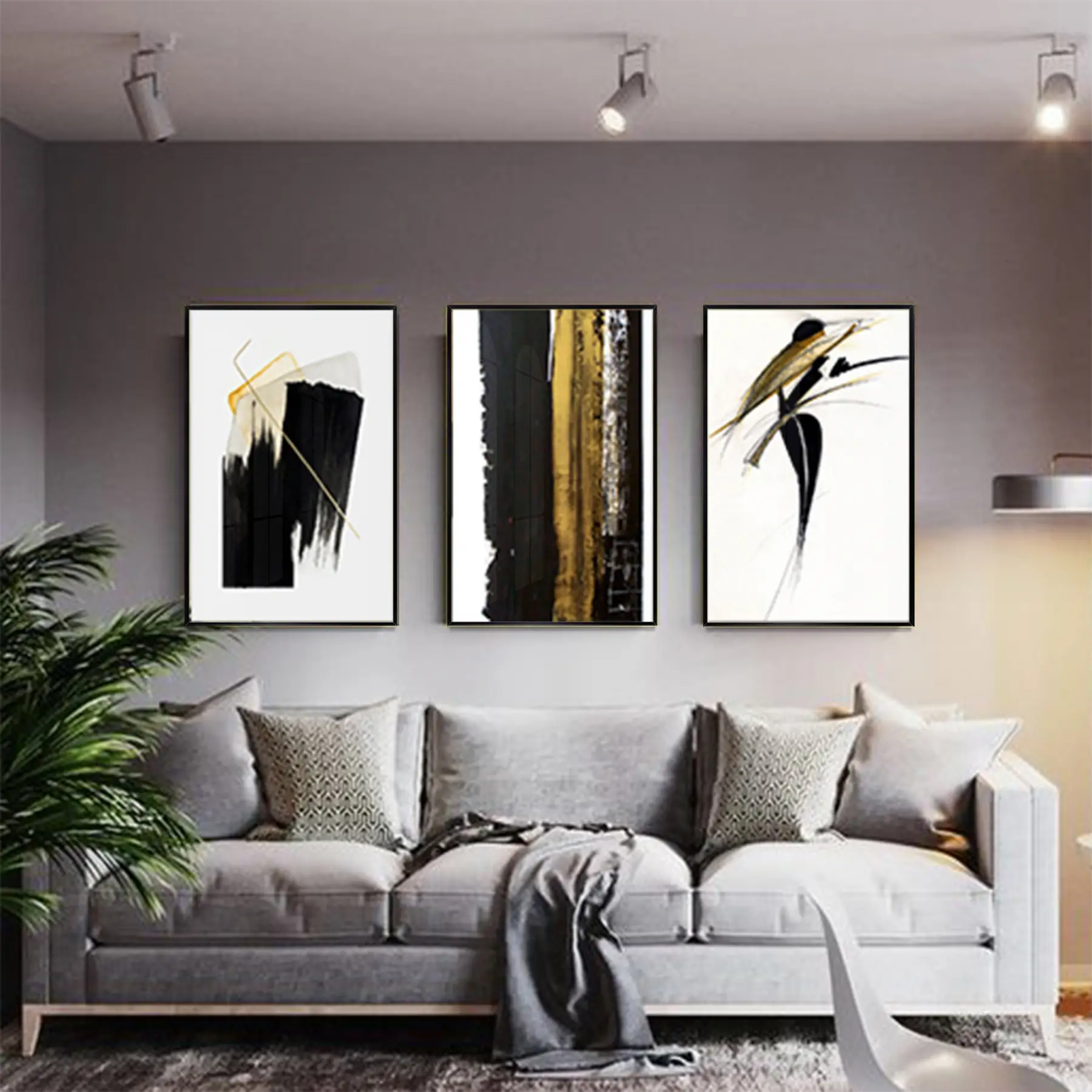 Siyah Ve Sarı Detaylı Metal Çerçeveli Tablo Seti Siyah