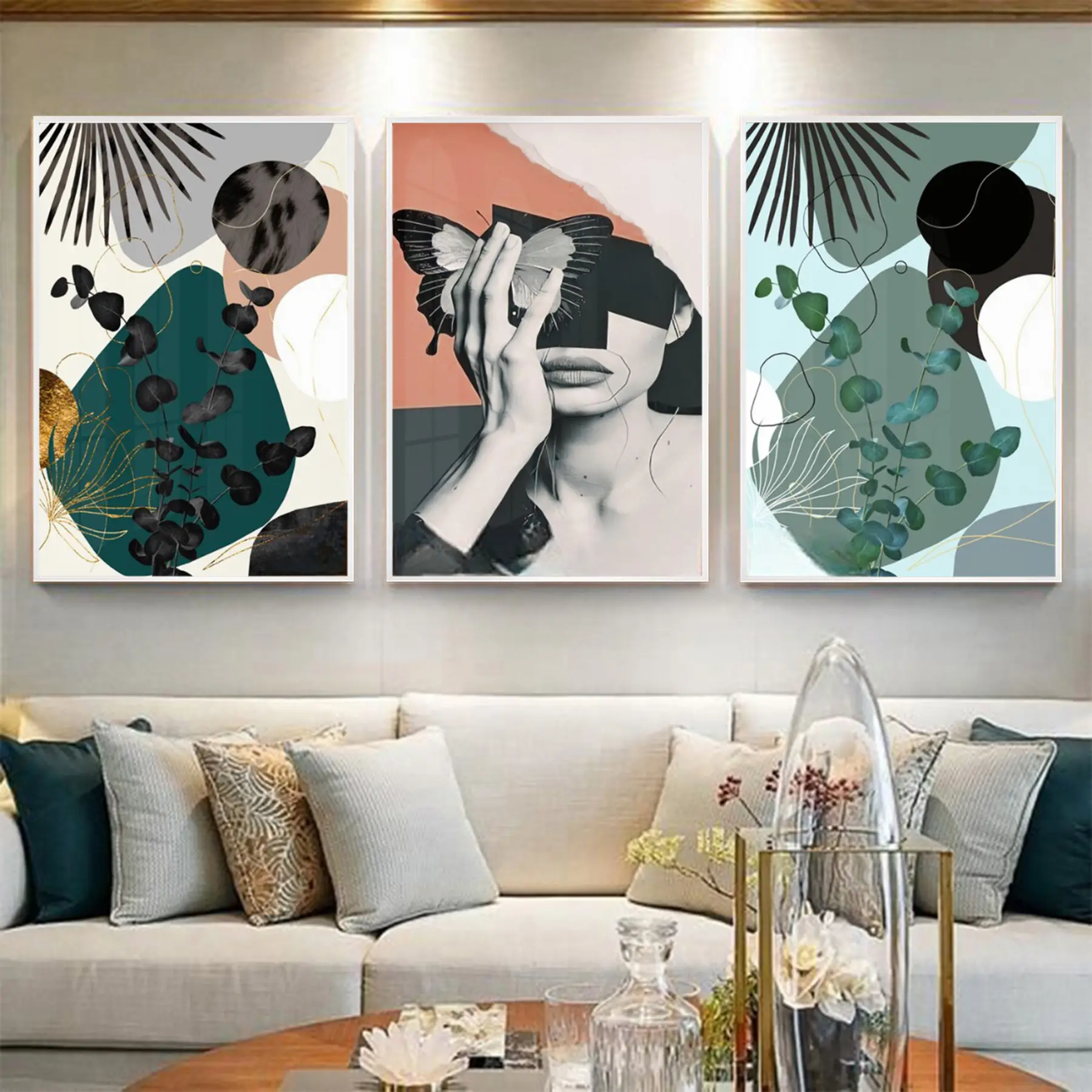 Soyut Figürler Ve Yeşil Detaylı Metal Çerçeveli Tablo Seti Beyaz