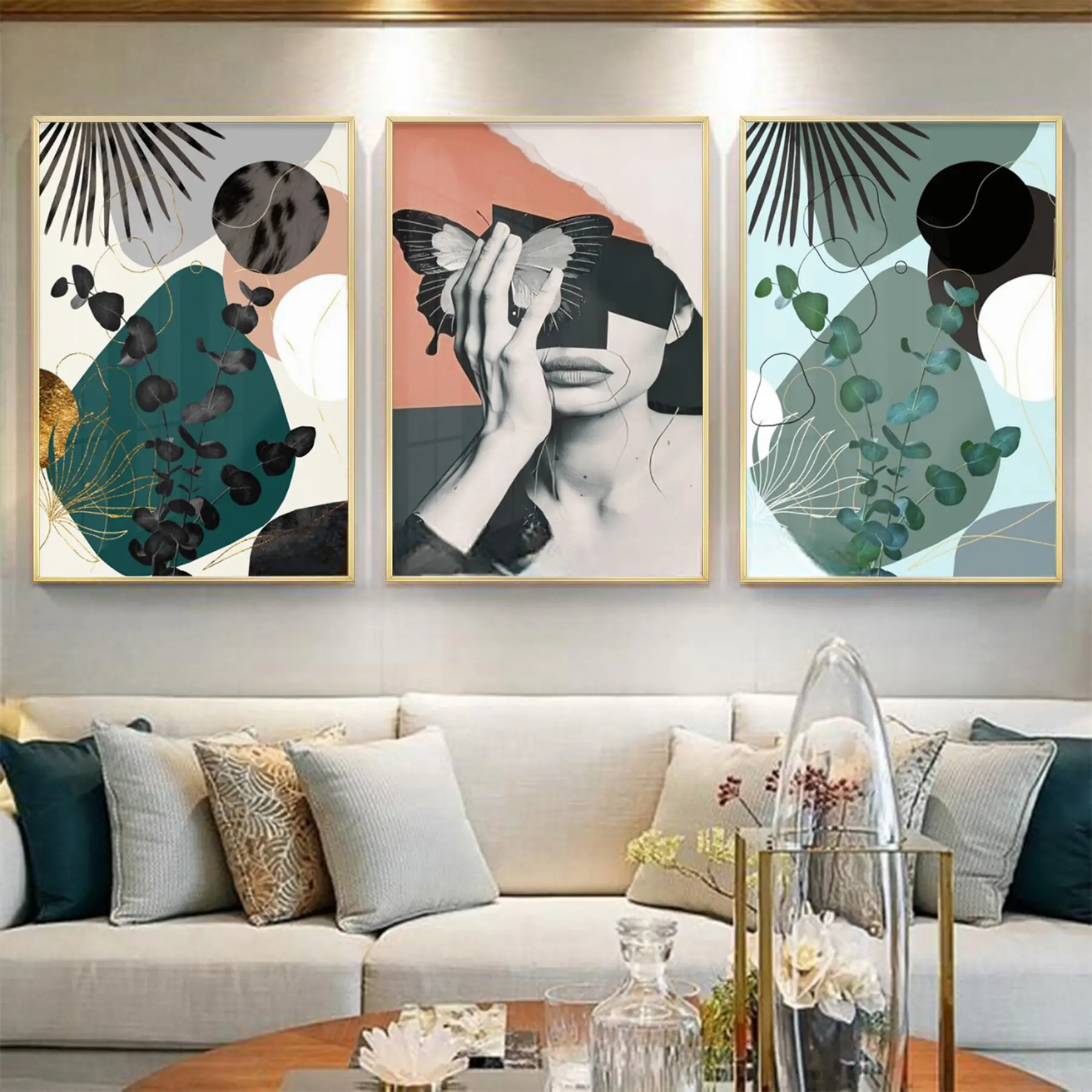 Soyut Figürler Ve Yeşil Detaylı Metal Çerçeveli Tablo Seti Altın