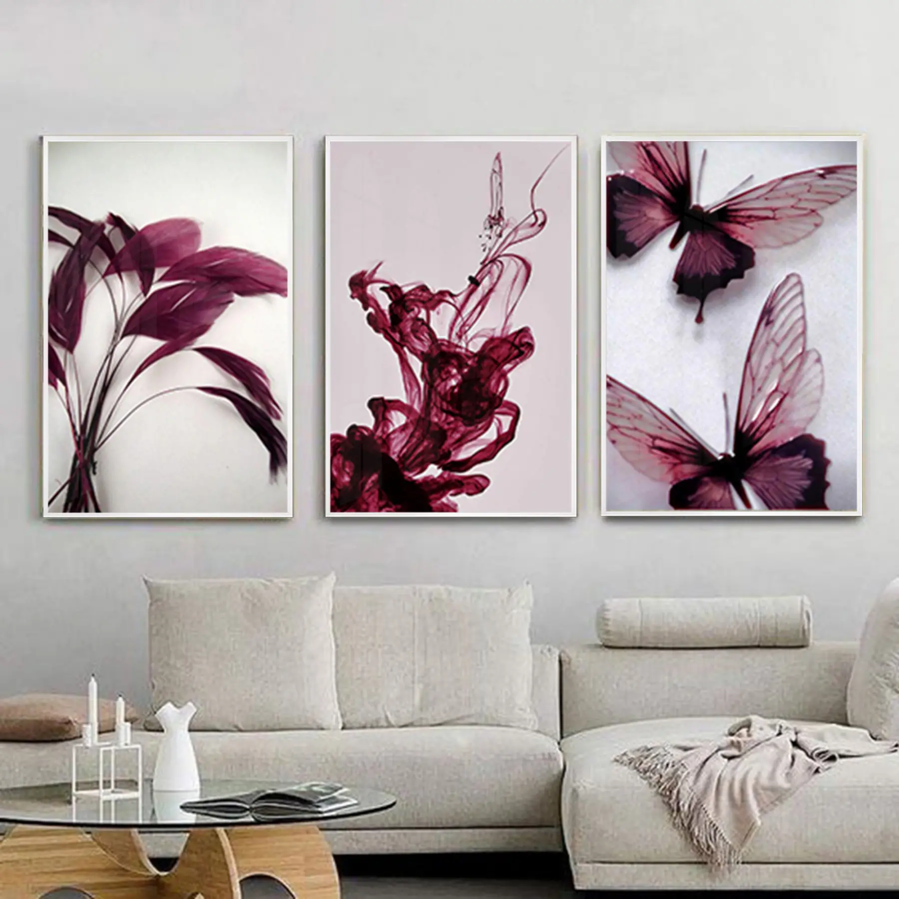 Bordo Kelebek Desenli Metal Çerçeveli Tablo Seti Beyaz