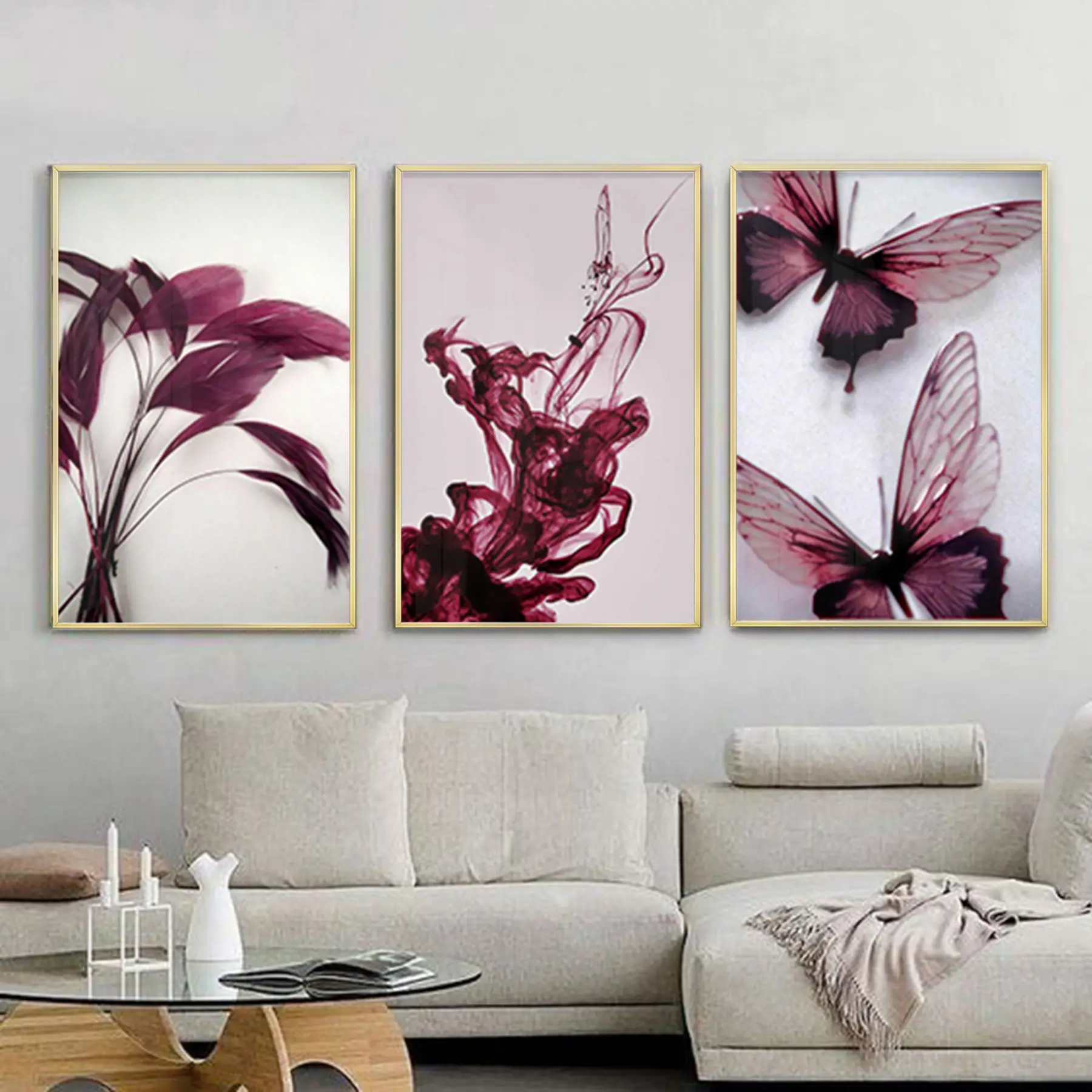 Bordo Kelebek Desenli Metal Çerçeveli Tablo Seti Altın