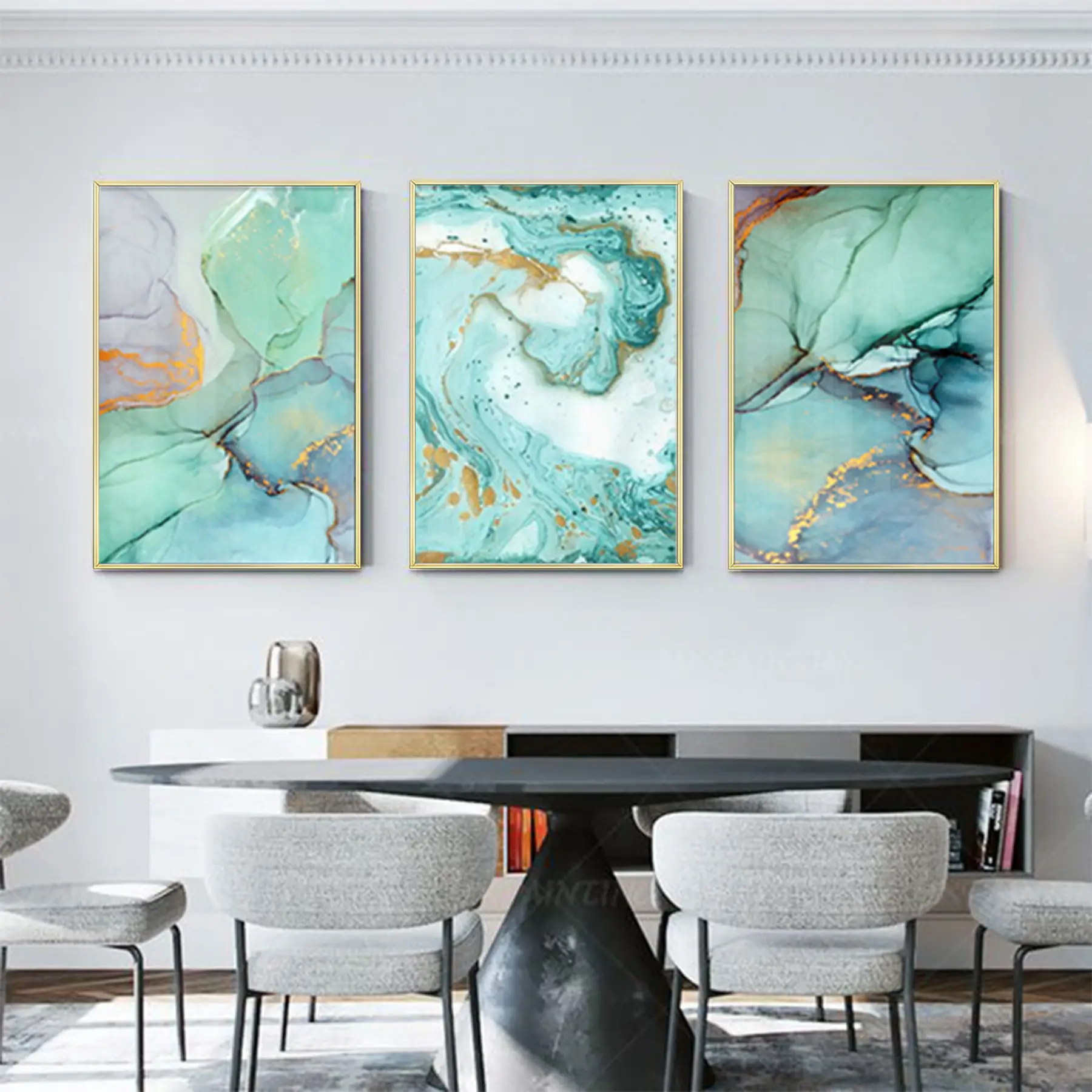 Yeşil-Mavi Soyut Desenli Metal Çerçeveli Tablo Seti Altın