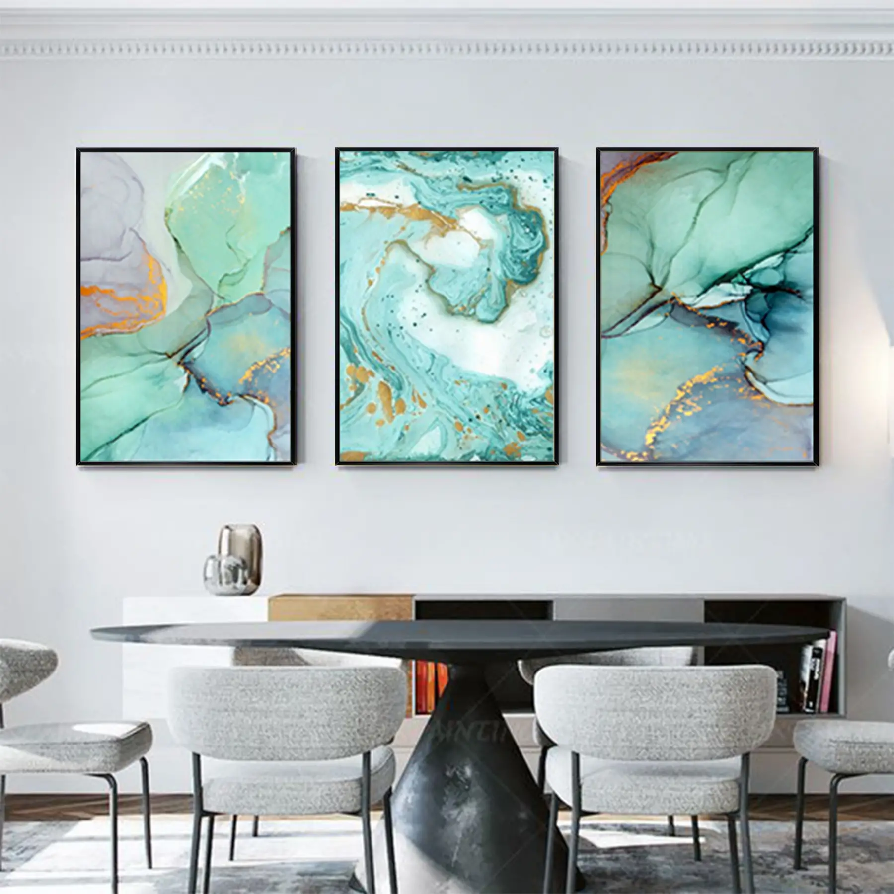 Yeşil-Mavi Soyut Desenli Metal Çerçeveli Tablo Seti Siyah