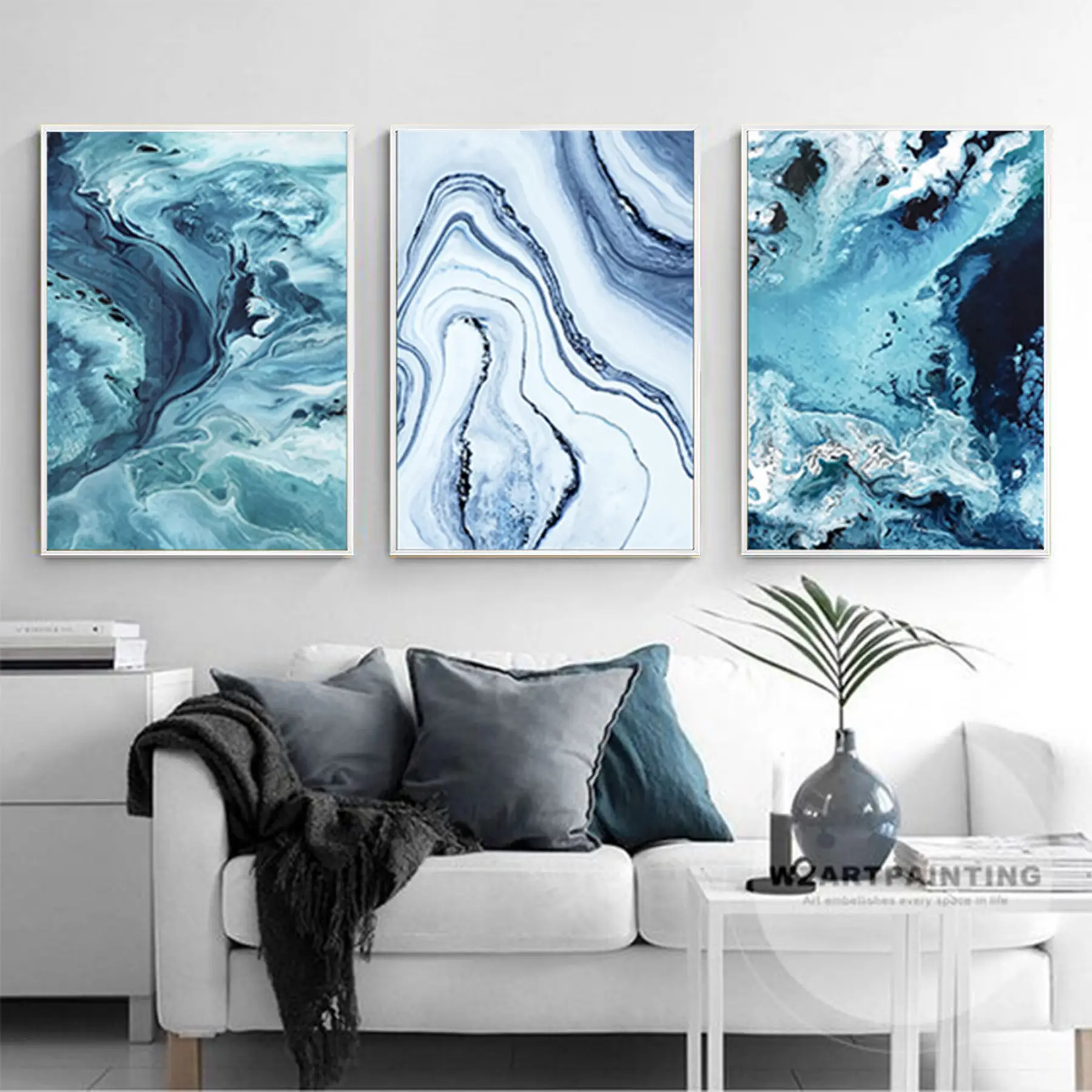 Soyut Tasarım Metal Çerçeveli Tablo Seti Beyaz