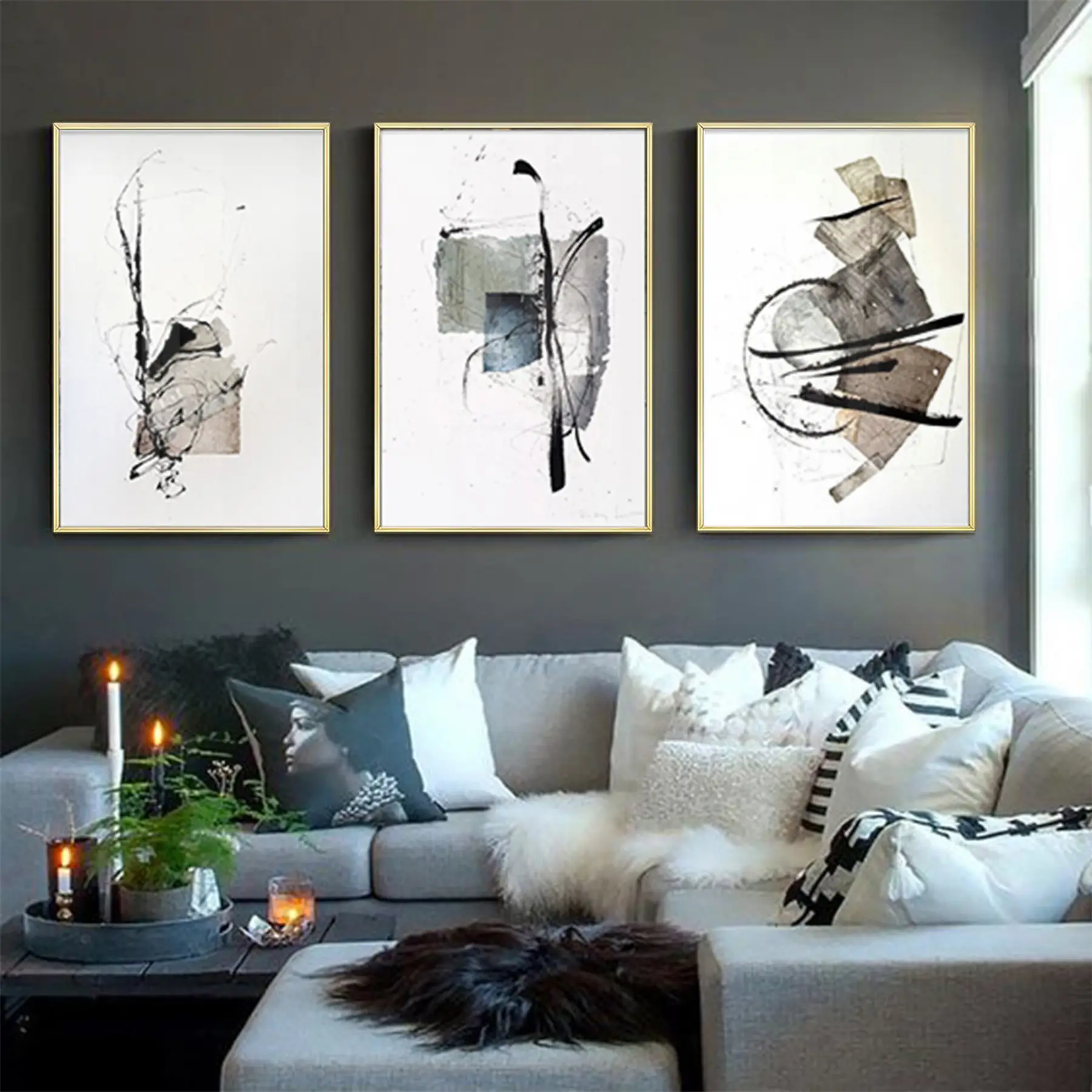 Soyut Geometrik Desenli Metal Çerçeveli Tablo Seti Altın