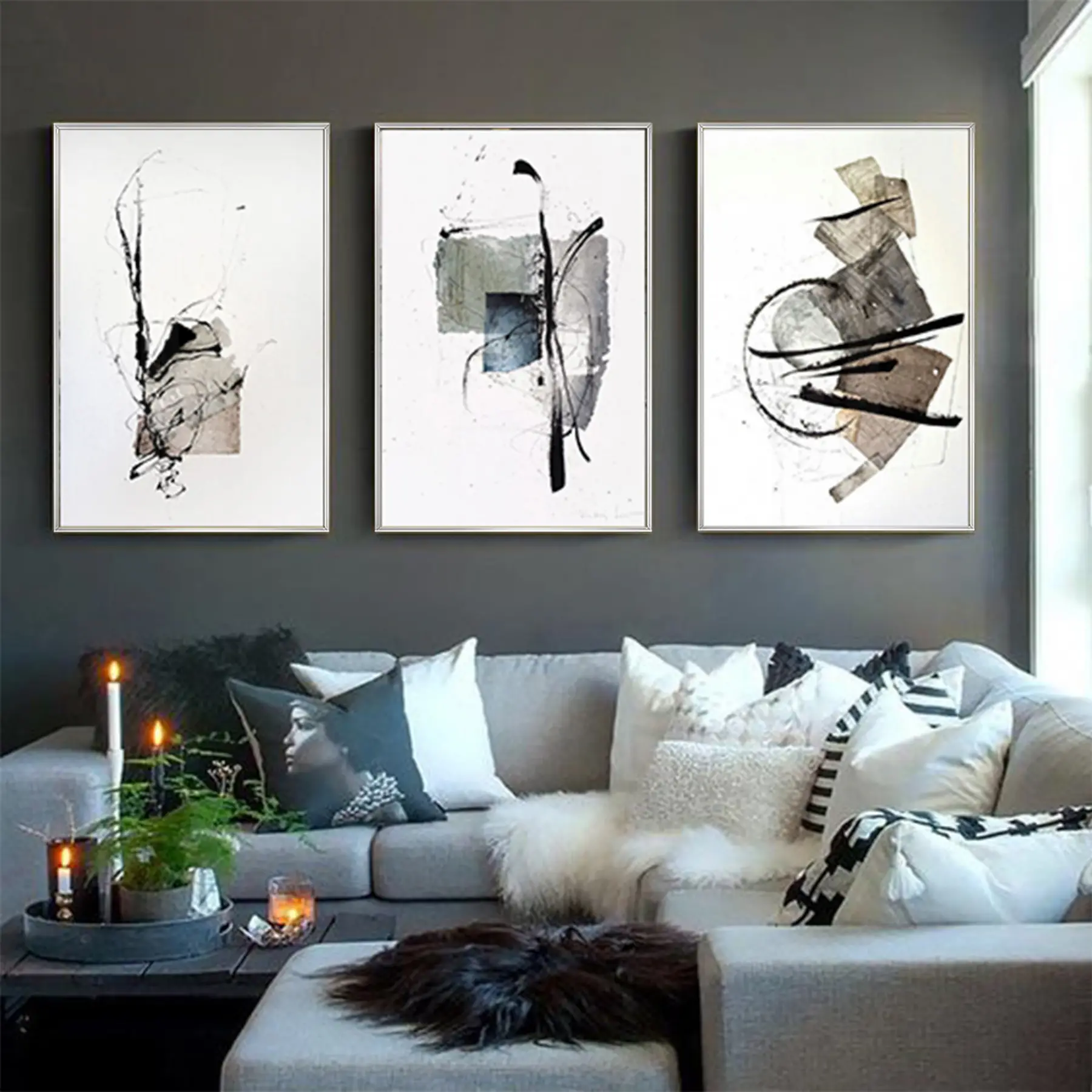 Soyut Geometrik Desenli Metal Çerçeveli Tablo Seti Gümüş