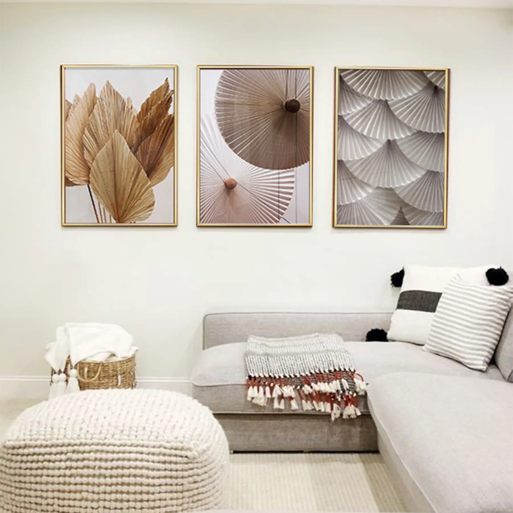 Boho Renkler Soyut Desenli Metal Çerçeveli Tablo Seti Altın