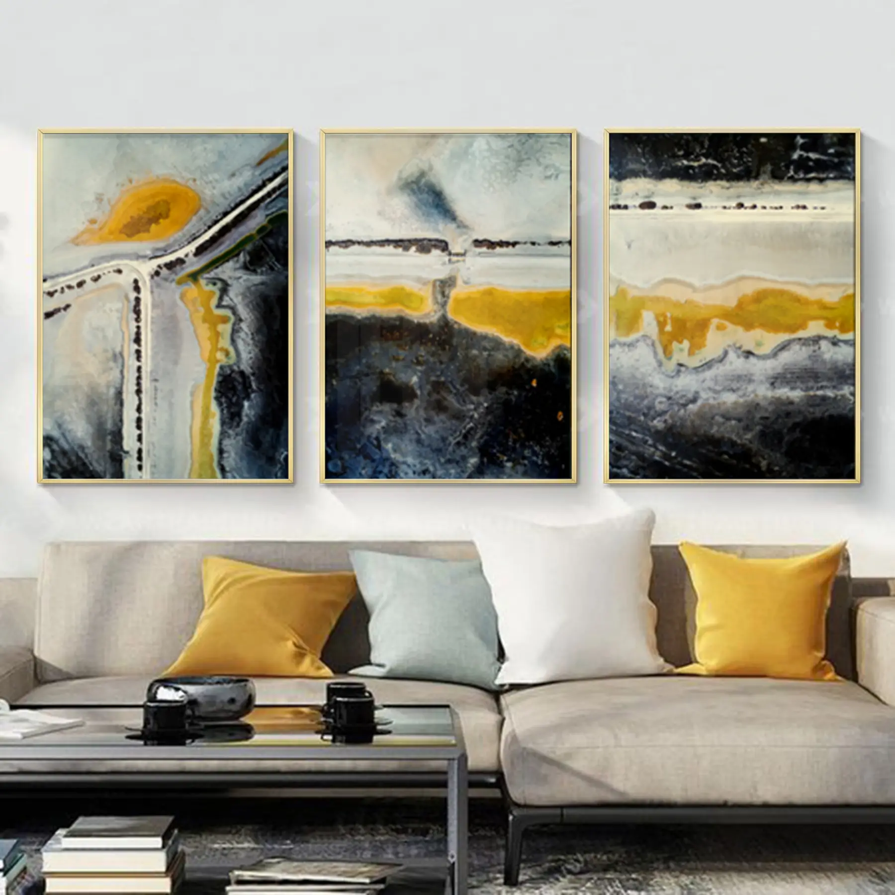 Soyut Desenli Metal Çerçeveli Tablo Seti Altın