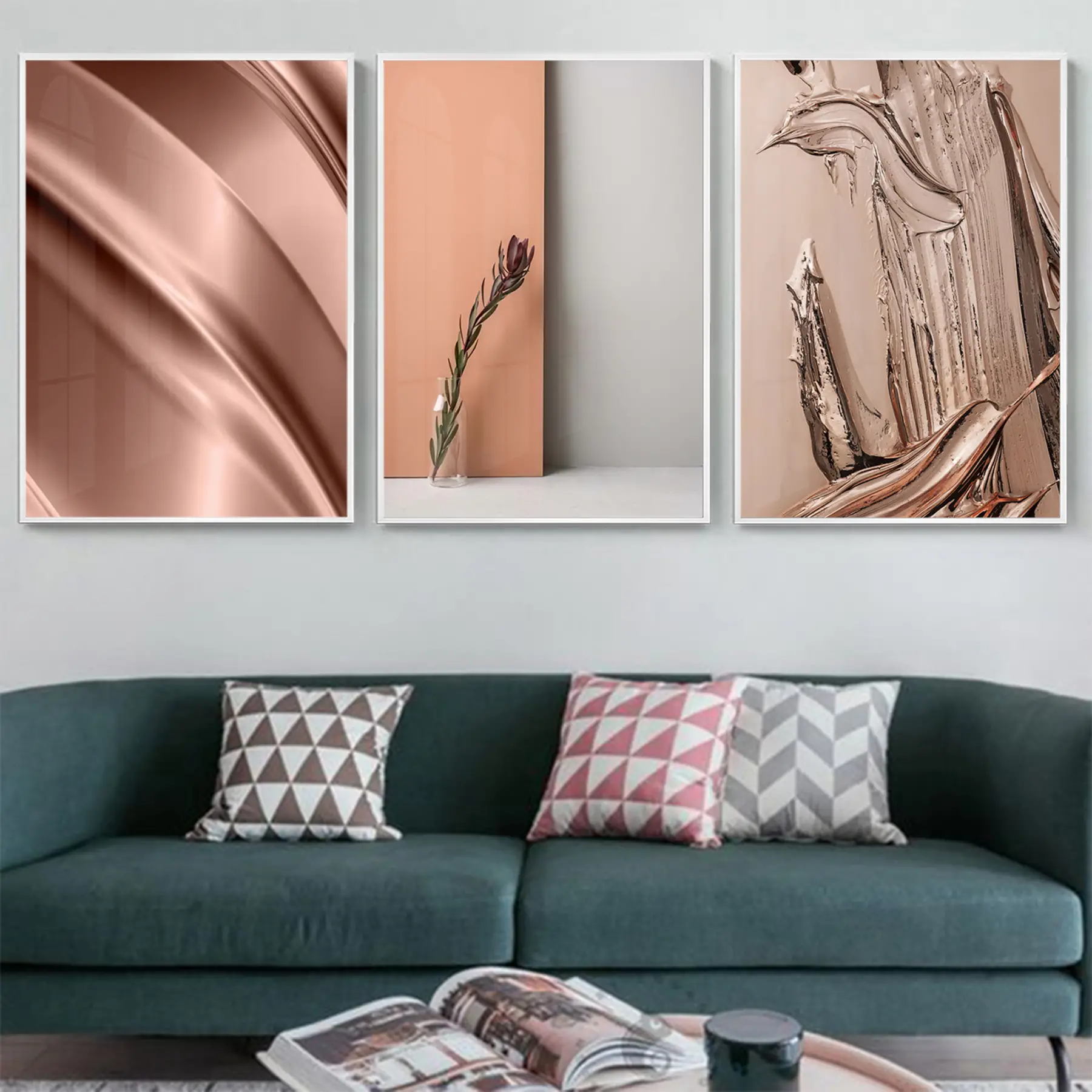 Soyut Tasarım Metal Çerçeveli Tablo Seti Beyaz