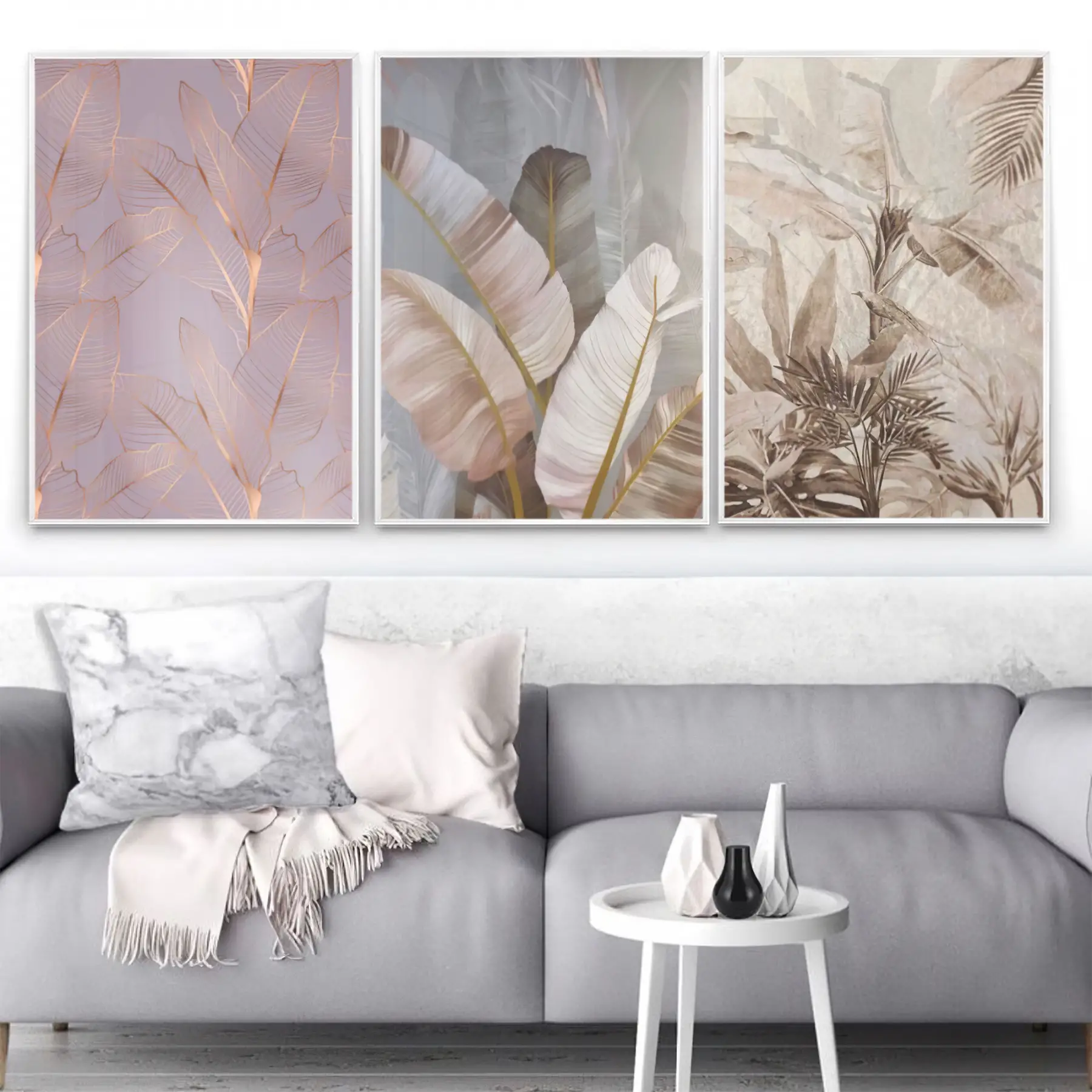 Pembe Krem Detaylı Metal Çerçeveli Tablo Seti Beyaz