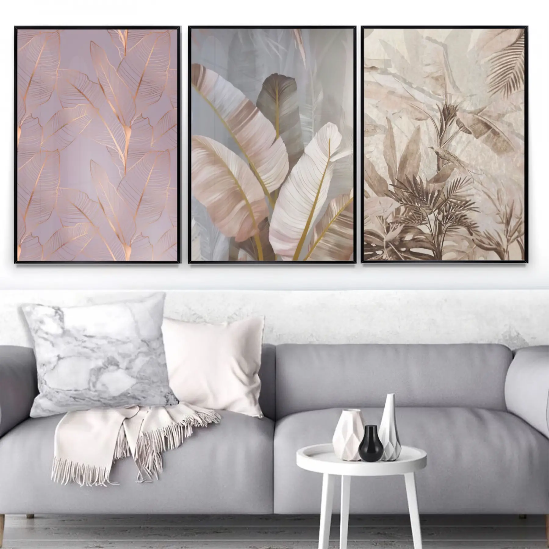 Pembe Krem Detaylı Metal Çerçeveli Tablo Seti Siyah