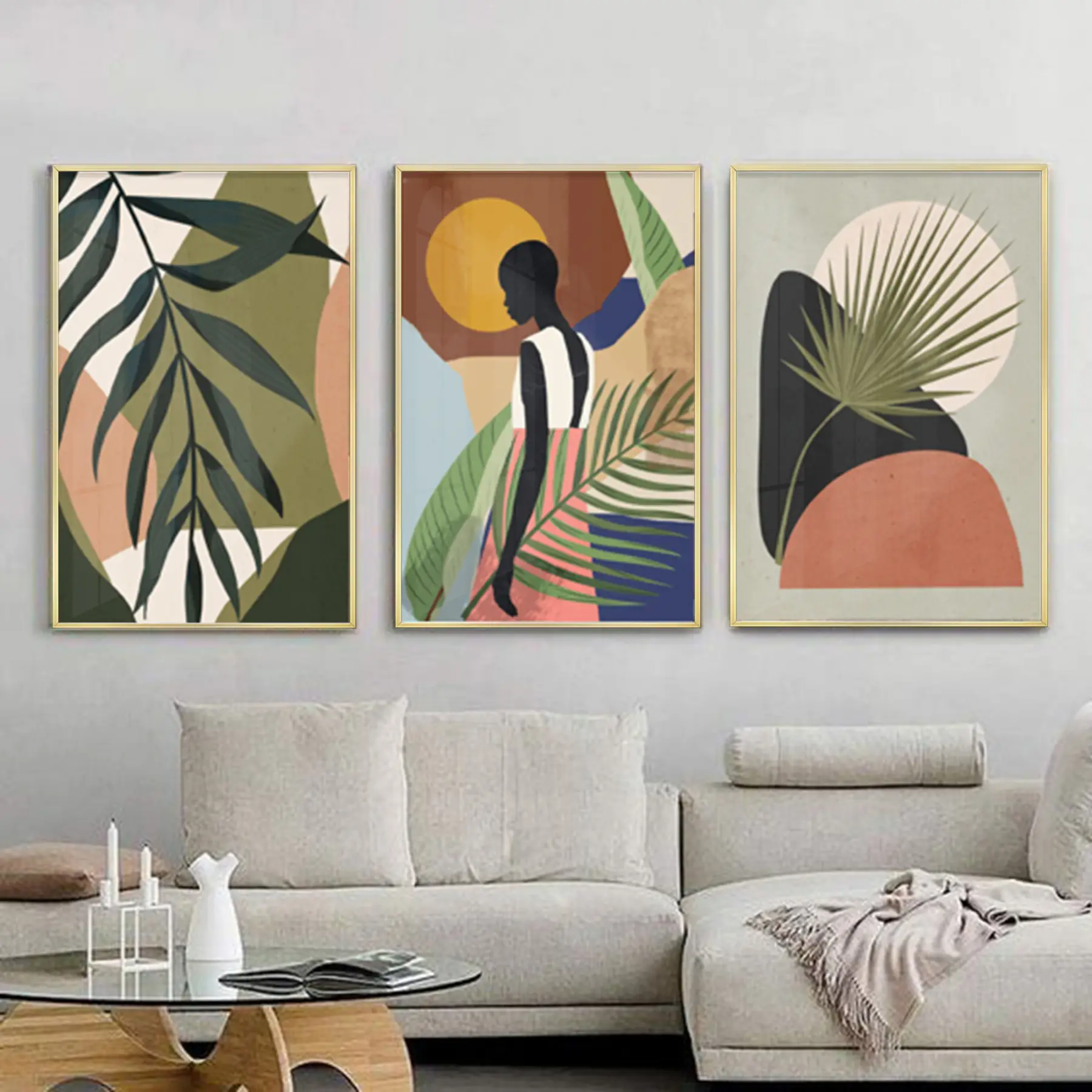 Kadın Figürler Soyut Desenli Metal Çerçeveli Tablo Seti Altın