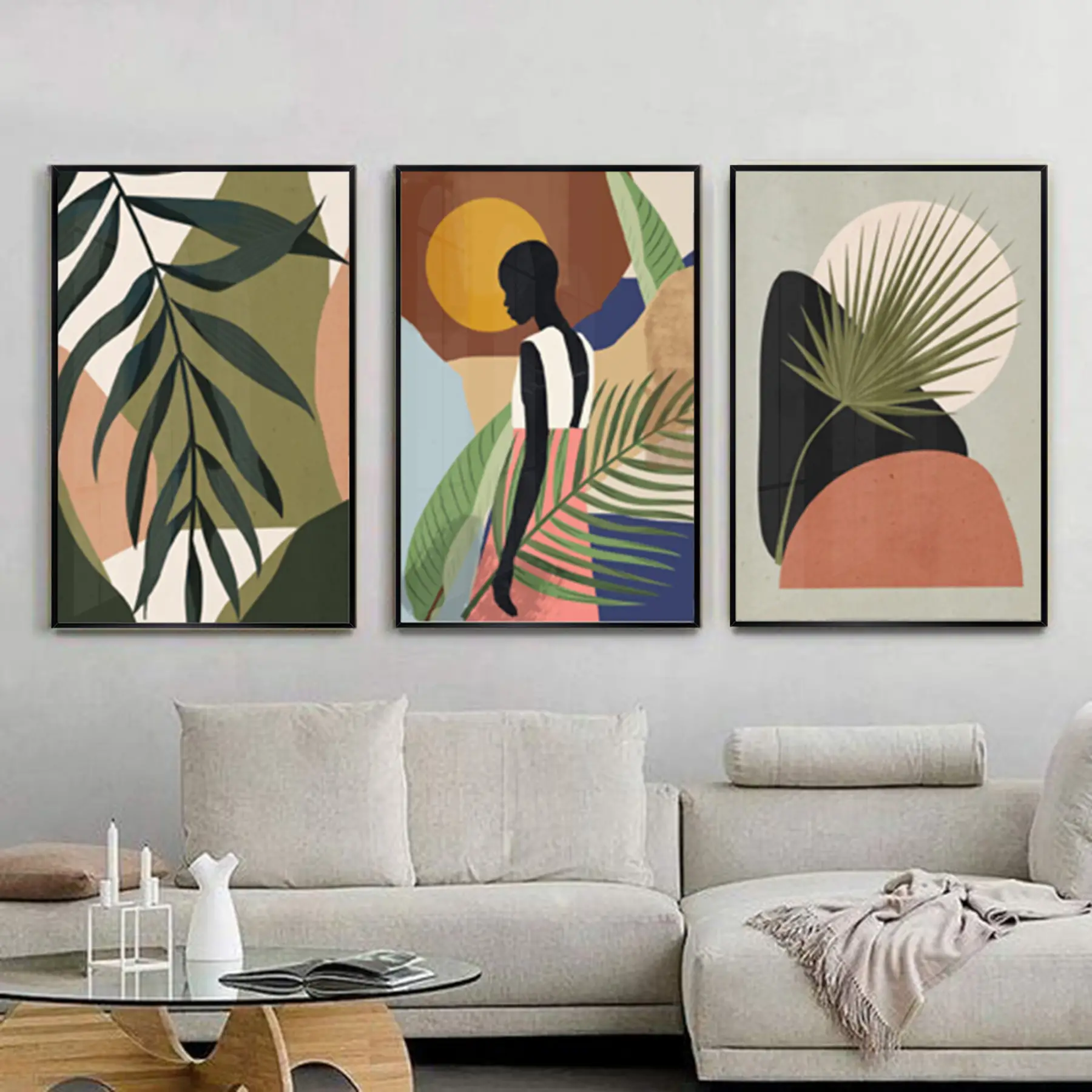 Kadın Figürler Soyut Desenli Metal Çerçeveli Tablo Seti Siyah