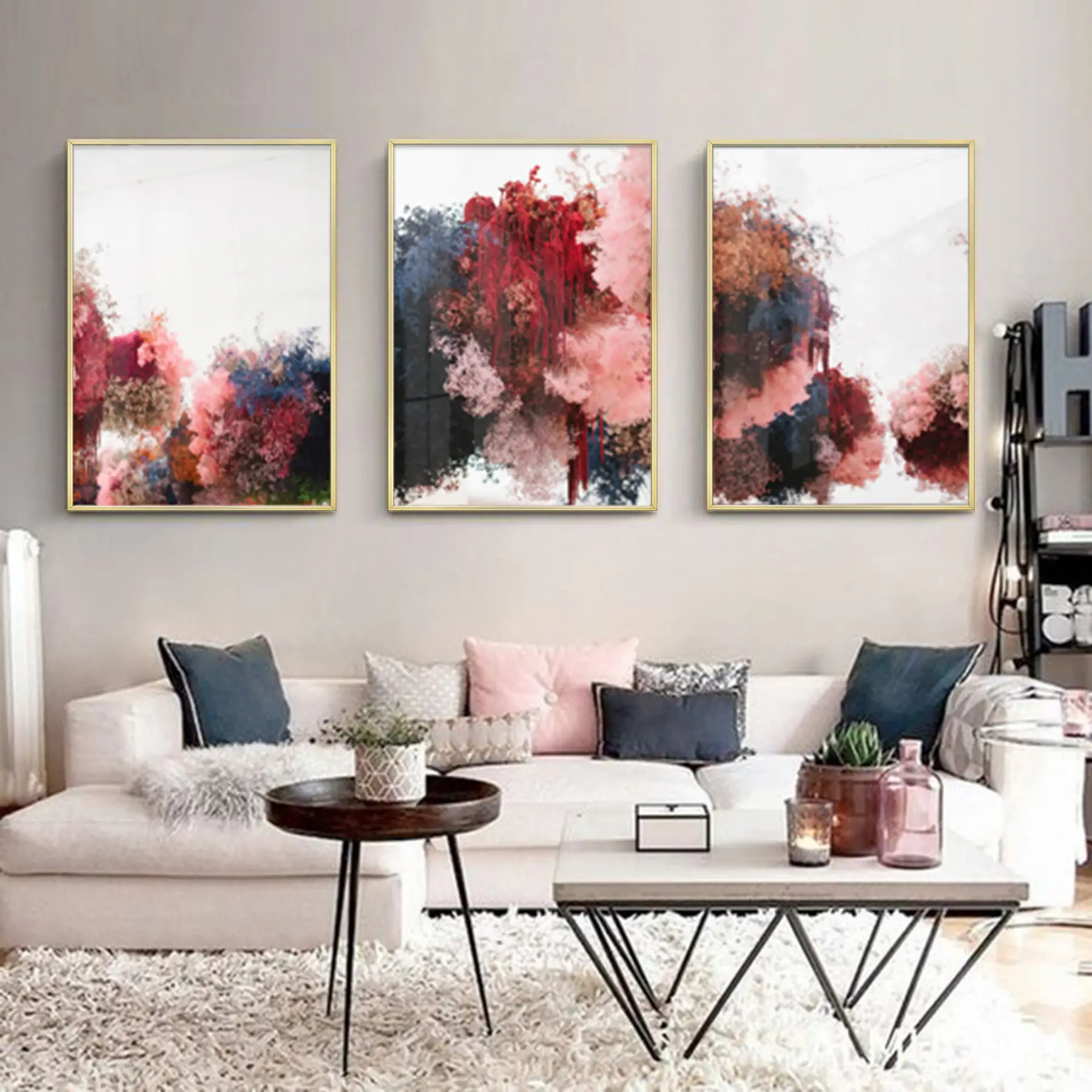 Canlı Renkler Soyut Tasarım Metal Çerçeveli Tablo Seti Altın