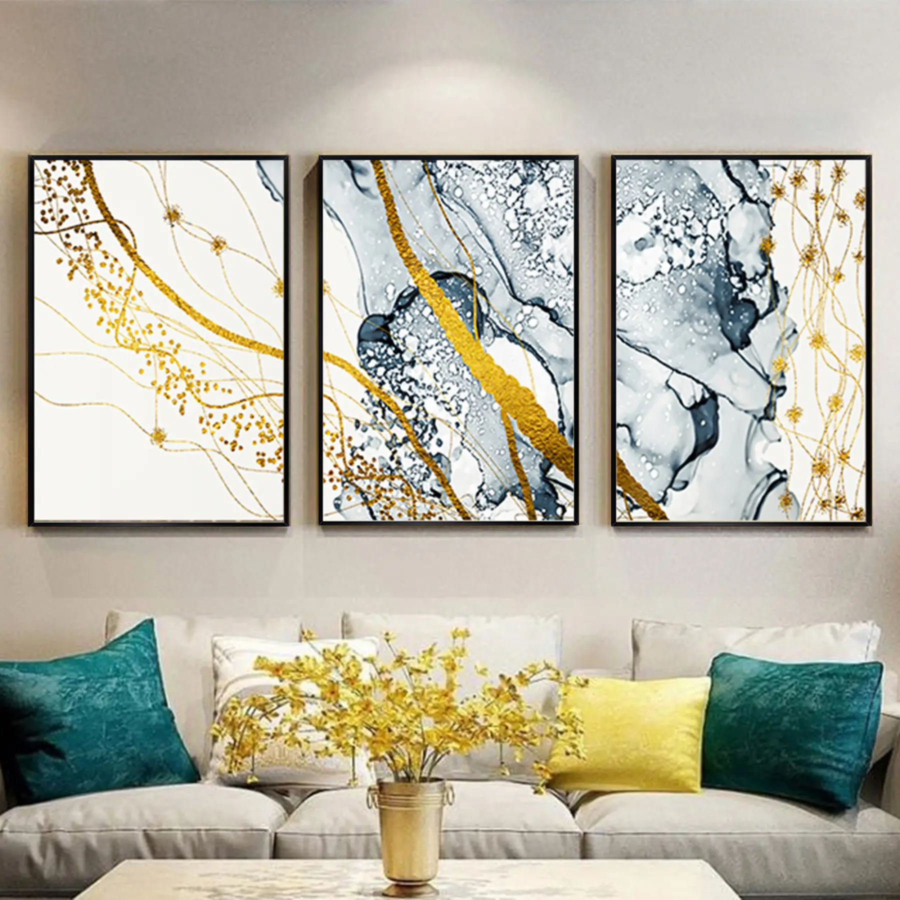 Altın Çizgiler Soyut Desenli Metal Çerçeveli Tablo Seti Siyah