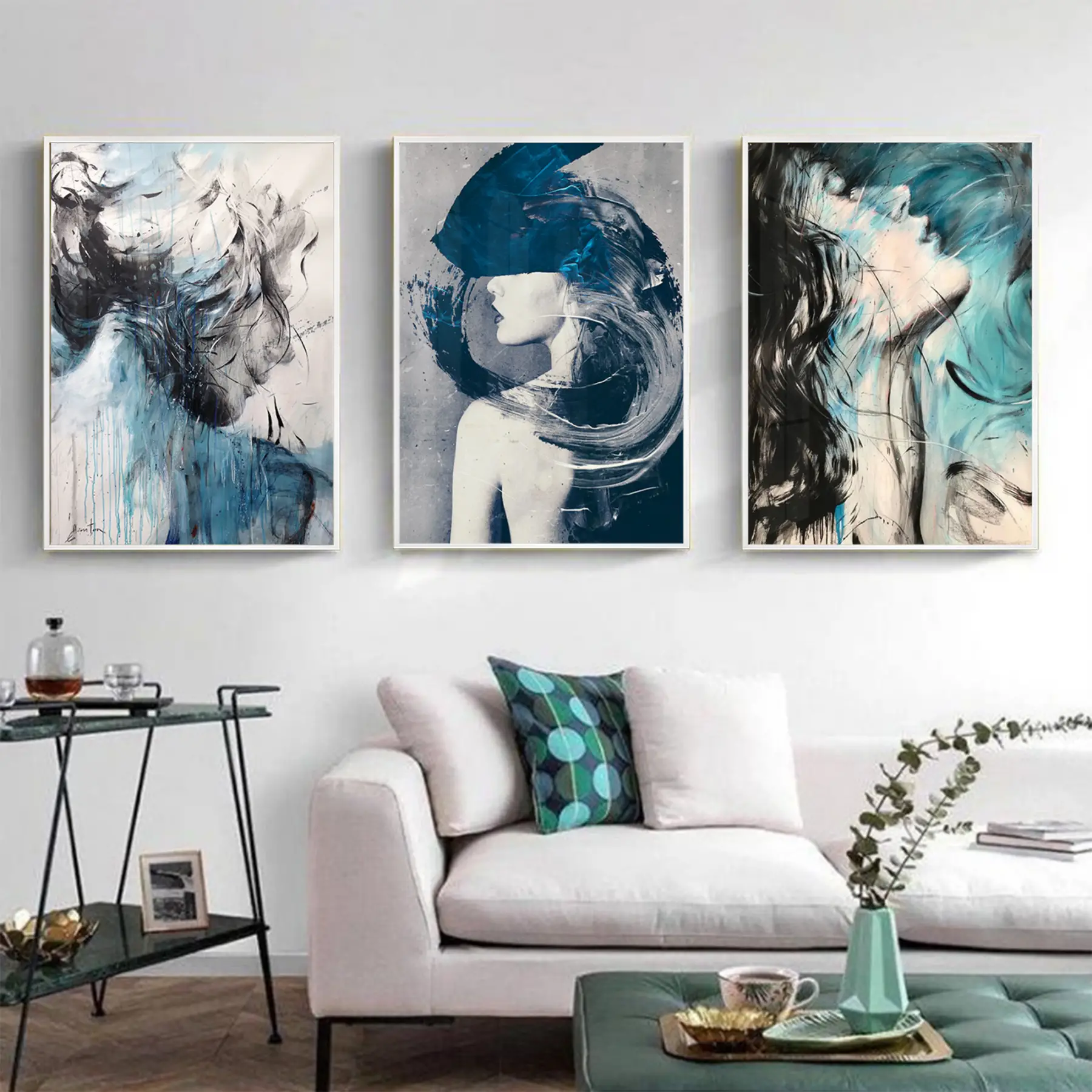 Kadın Silüet Desenli Metal Çerçeveli Tablo Seti Beyaz