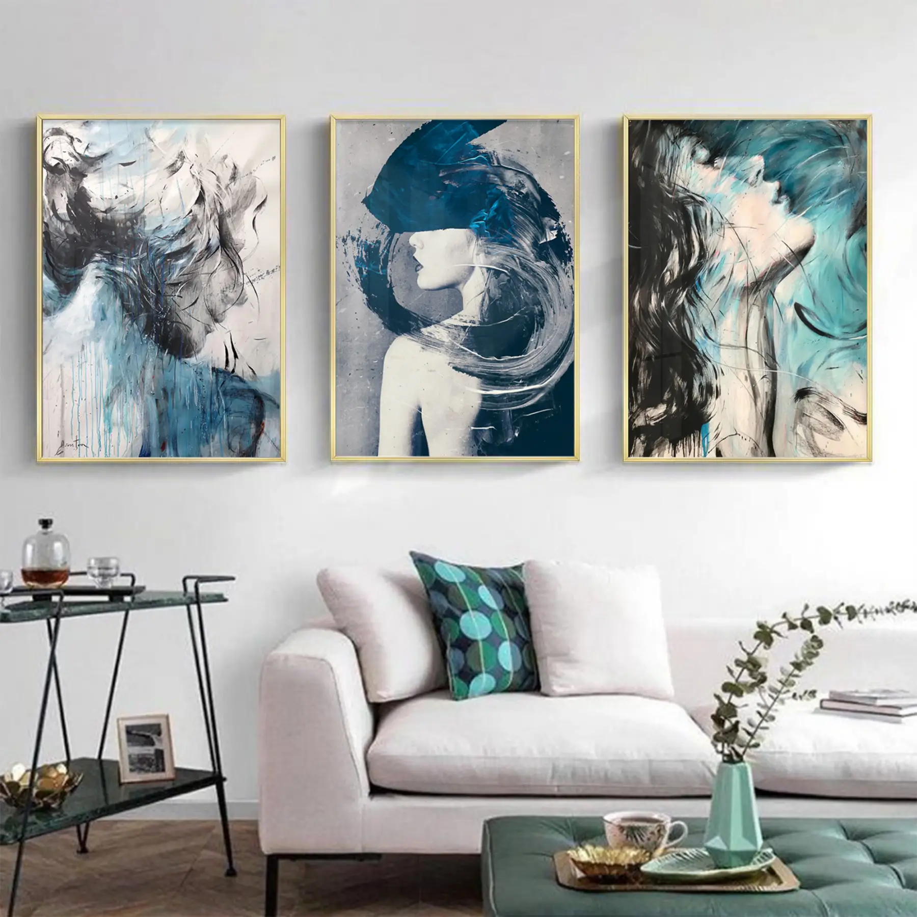 Kadın Silüet Desenli Metal Çerçeveli Tablo Seti Altın