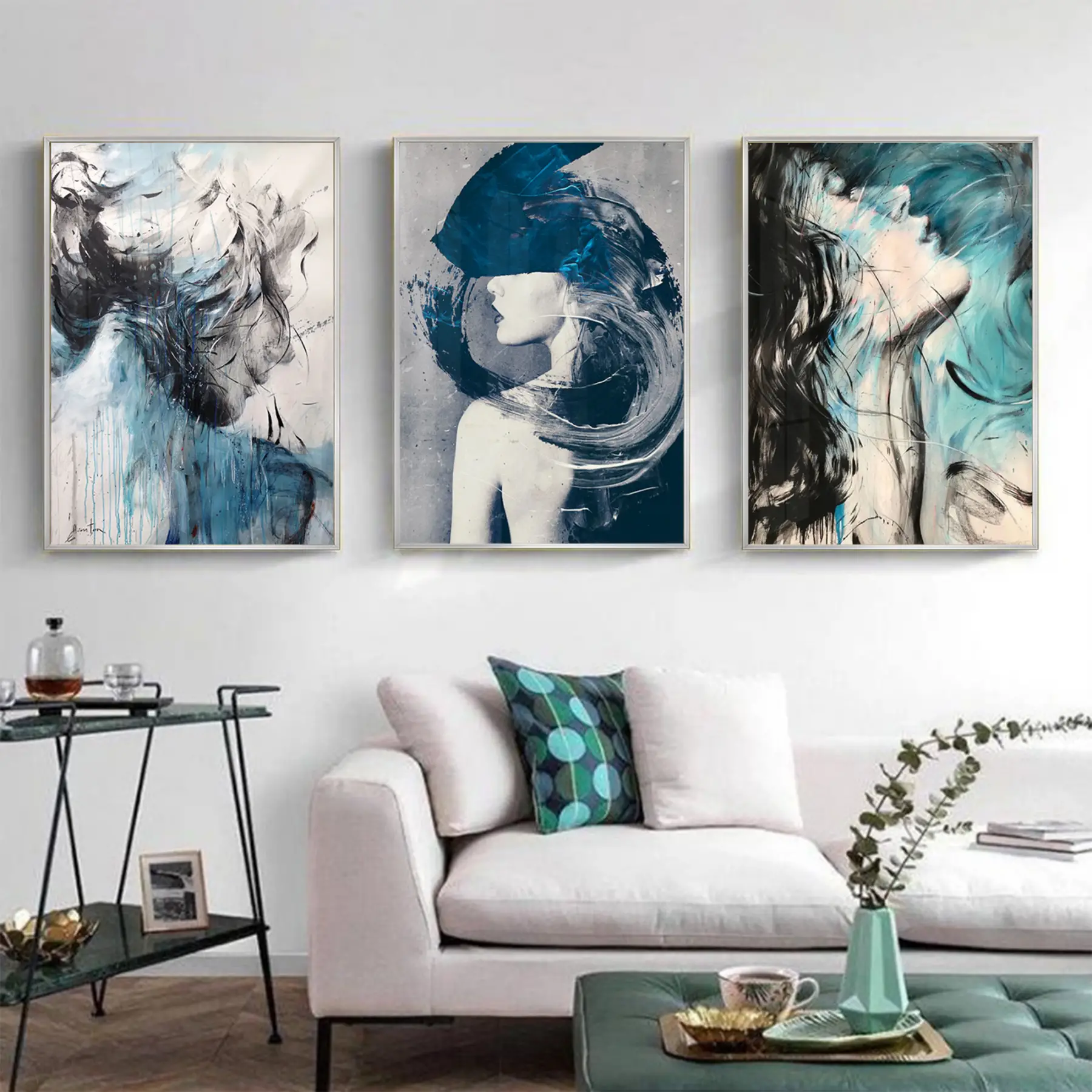 Kadın Silüet Desenli Metal Çerçeveli Tablo Seti Gümüş