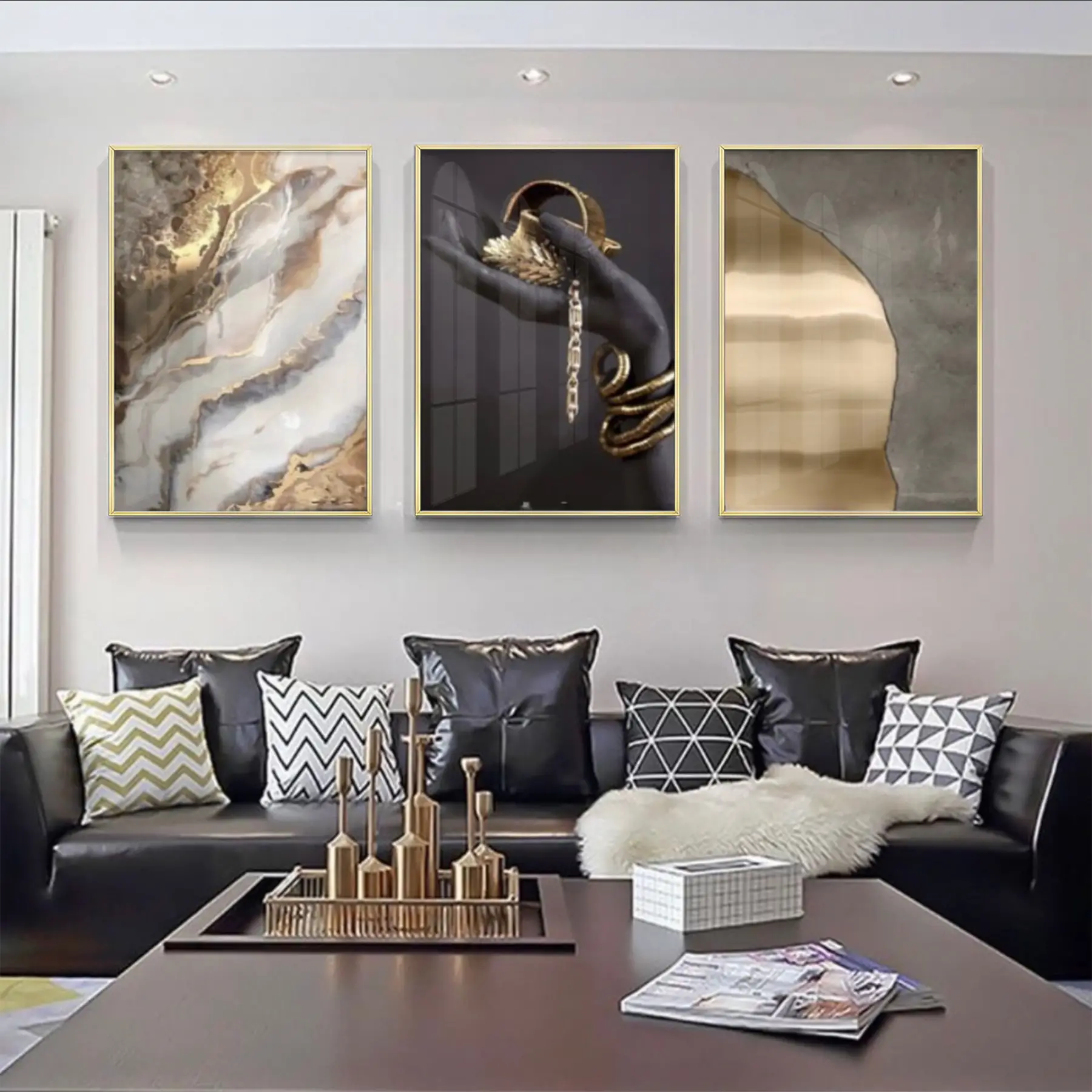 Siyah El Ve Gold Detaylı Metal Çerçeveli Tablo Seti Altın