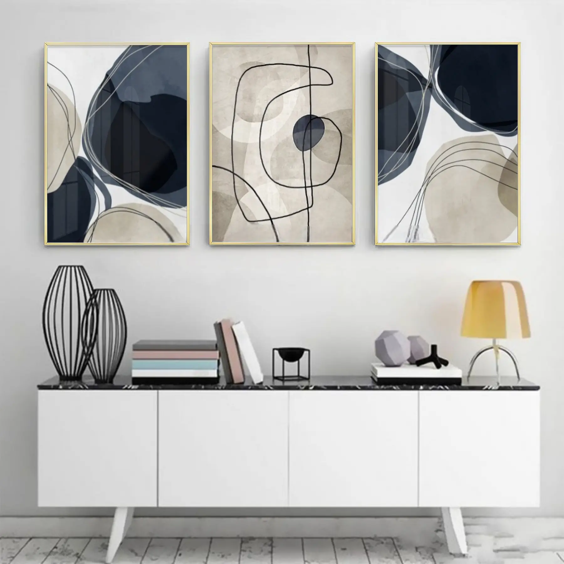 Lacivert Geometrik Desenli Metal Çerçeveli Tablo Seti Altın