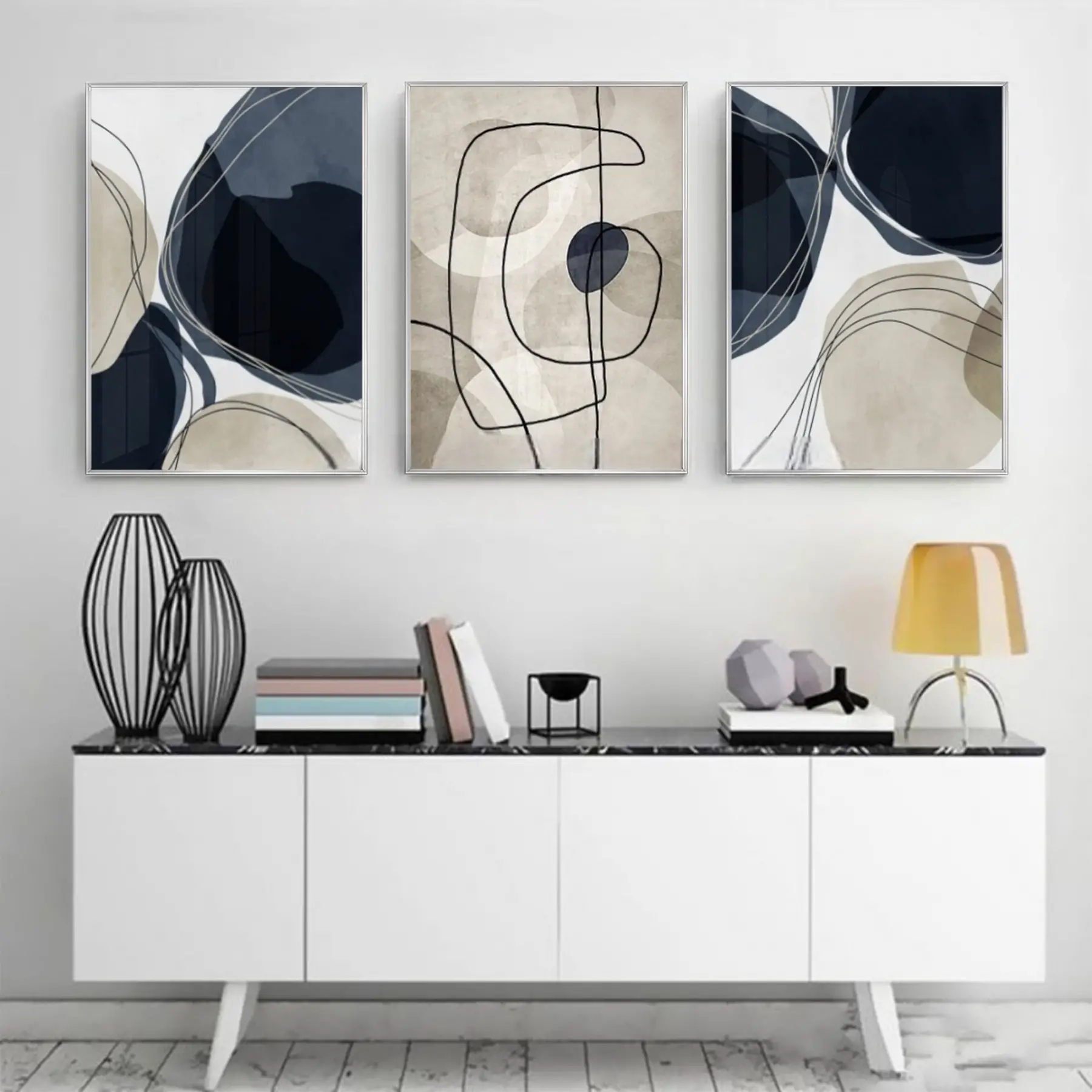 Lacivert Geometrik Desenli Metal Çerçeveli Tablo Seti Gümüş