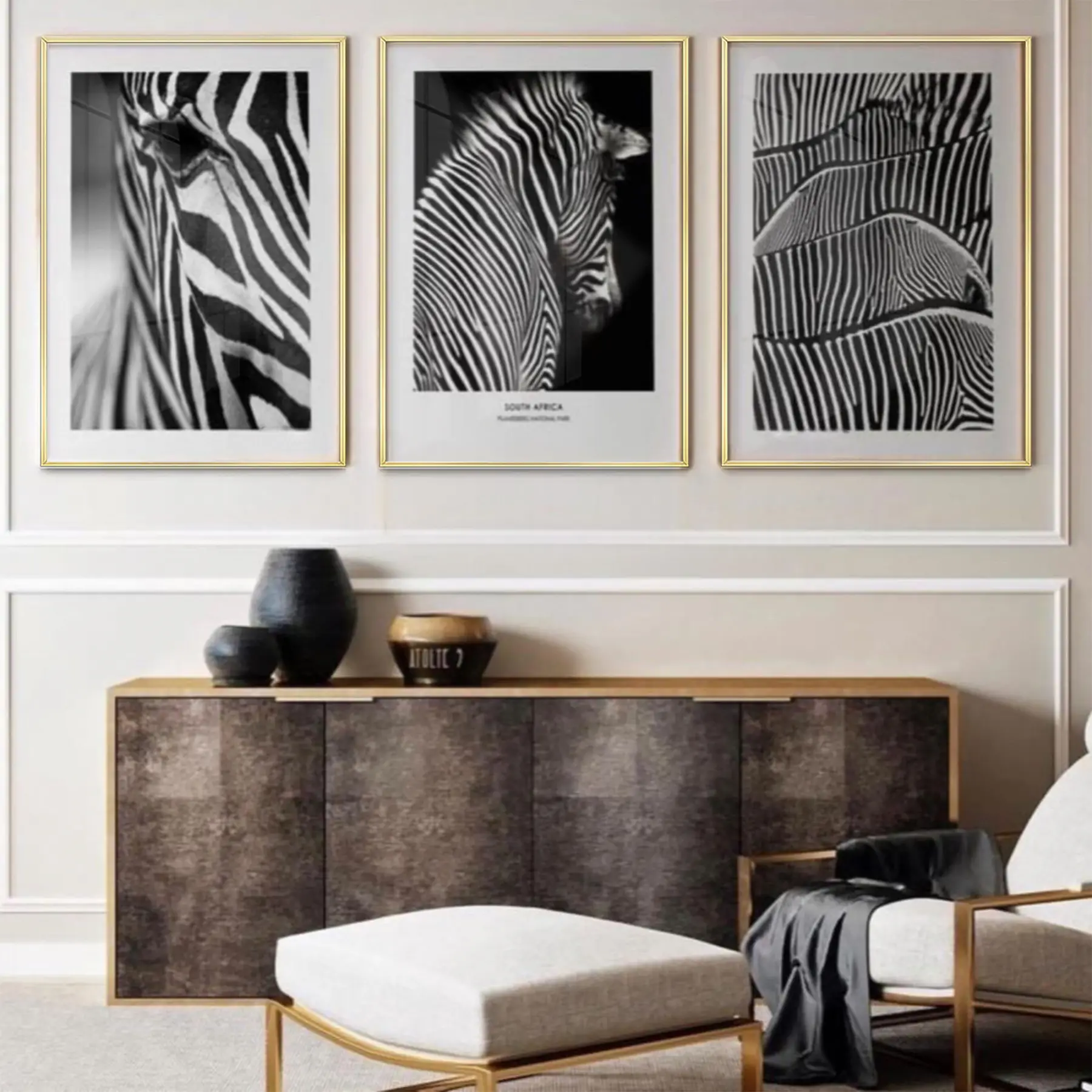 Zebra Detaylı Siyah Beyaz Metal Çerçeveli Tablo Seti Altın