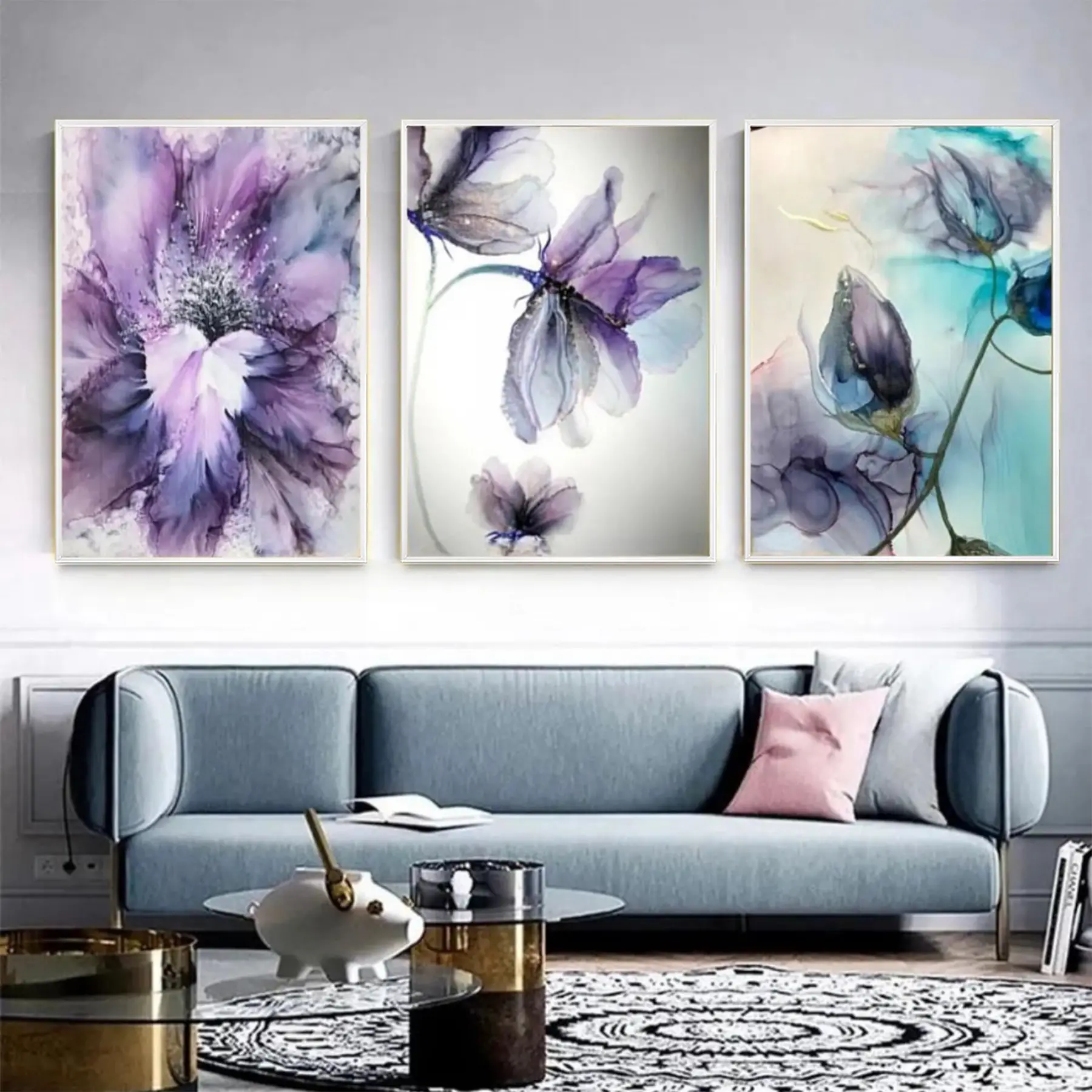 Mor Çiçek Desenli Metal Çerçeveli Tablo Seti Beyaz