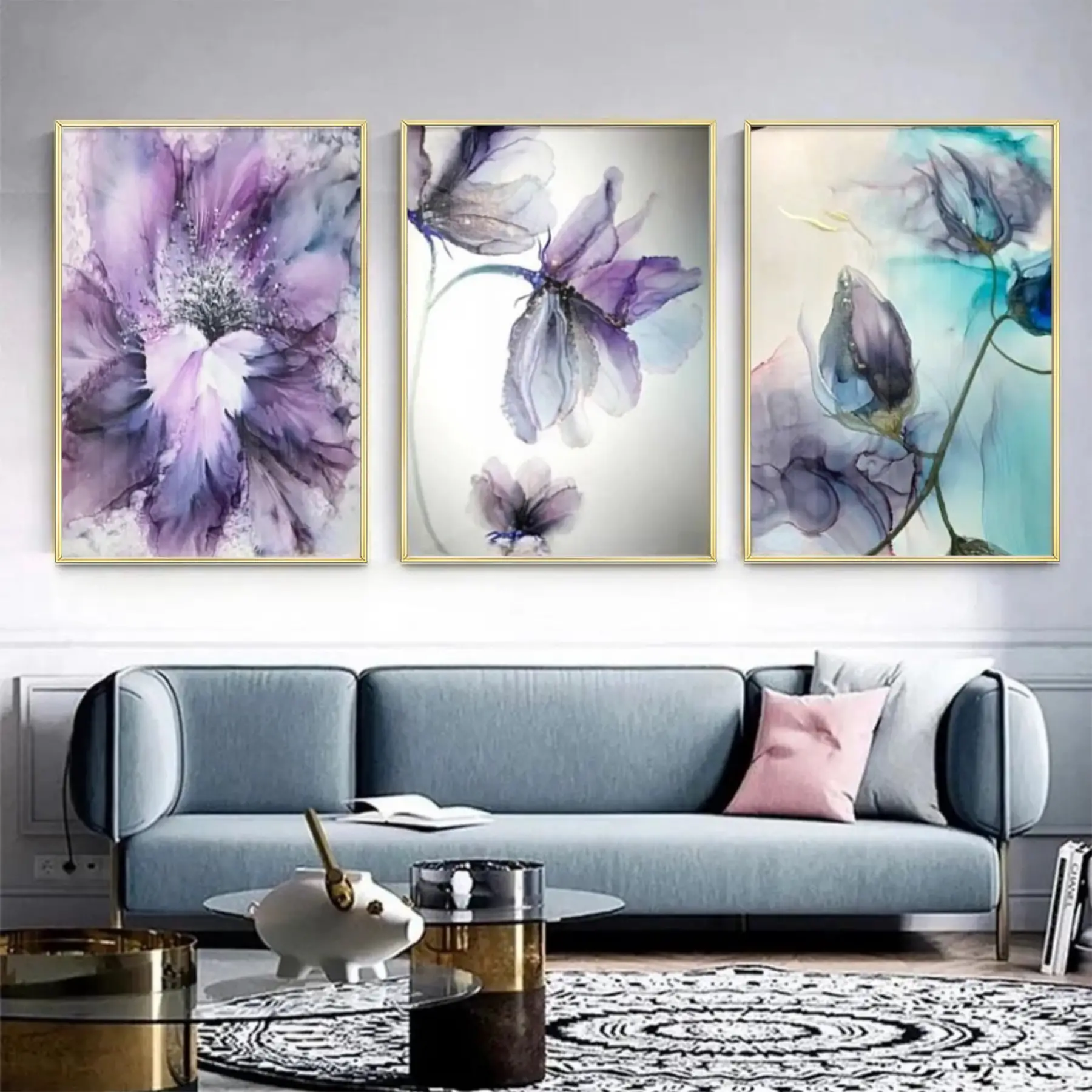 Mor Çiçek Desenli Metal Çerçeveli Tablo Seti Altın