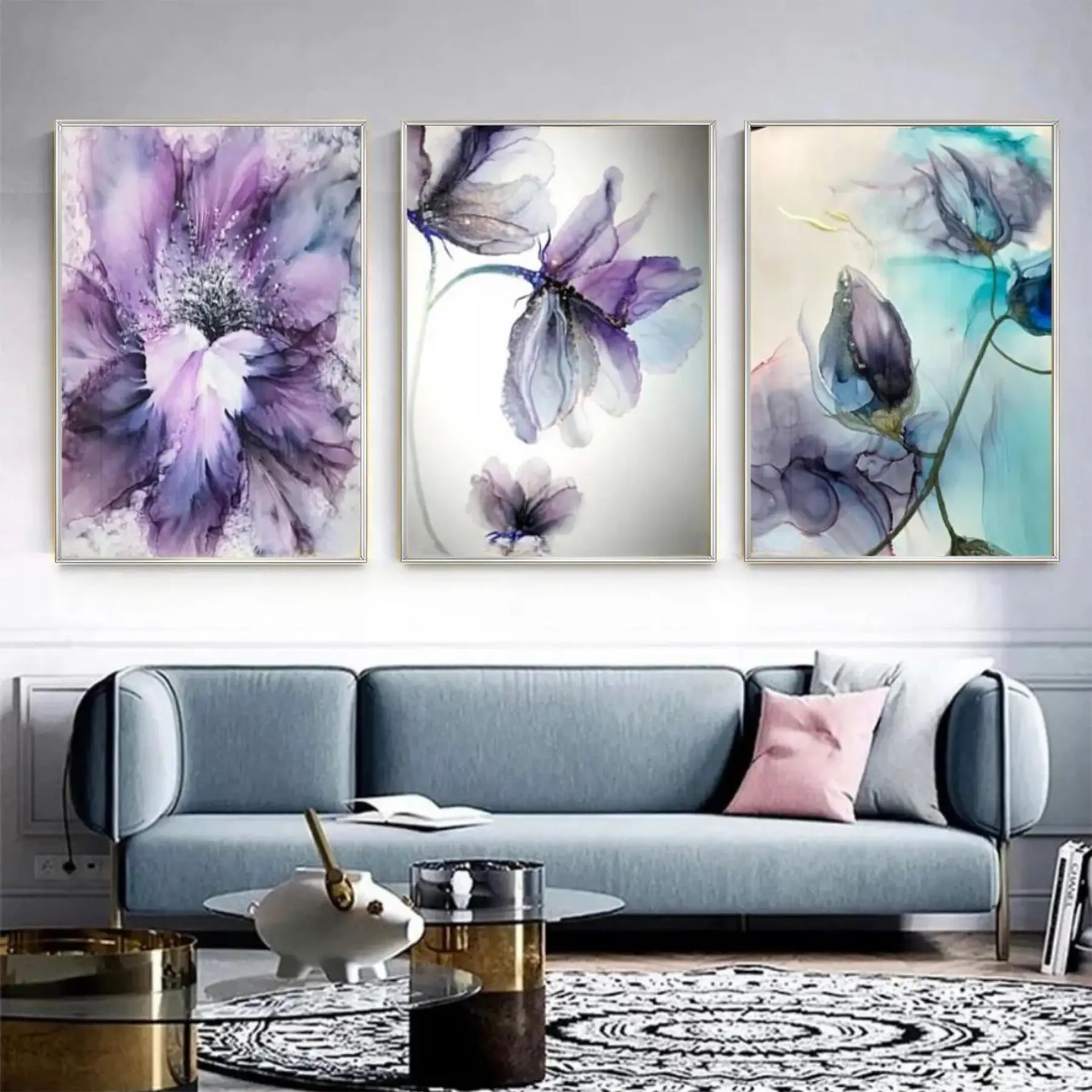 Mor Çiçek Desenli Metal Çerçeveli Tablo Seti Gümüş