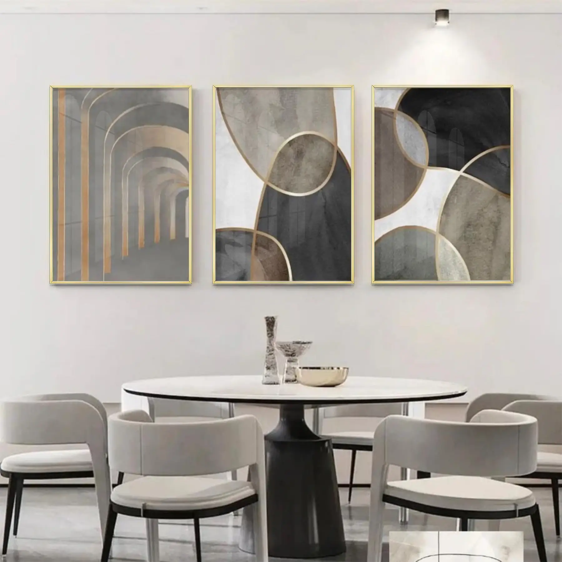 Kahve-Gri Desenli Metal Çerçeveli Tablo Seti Altın