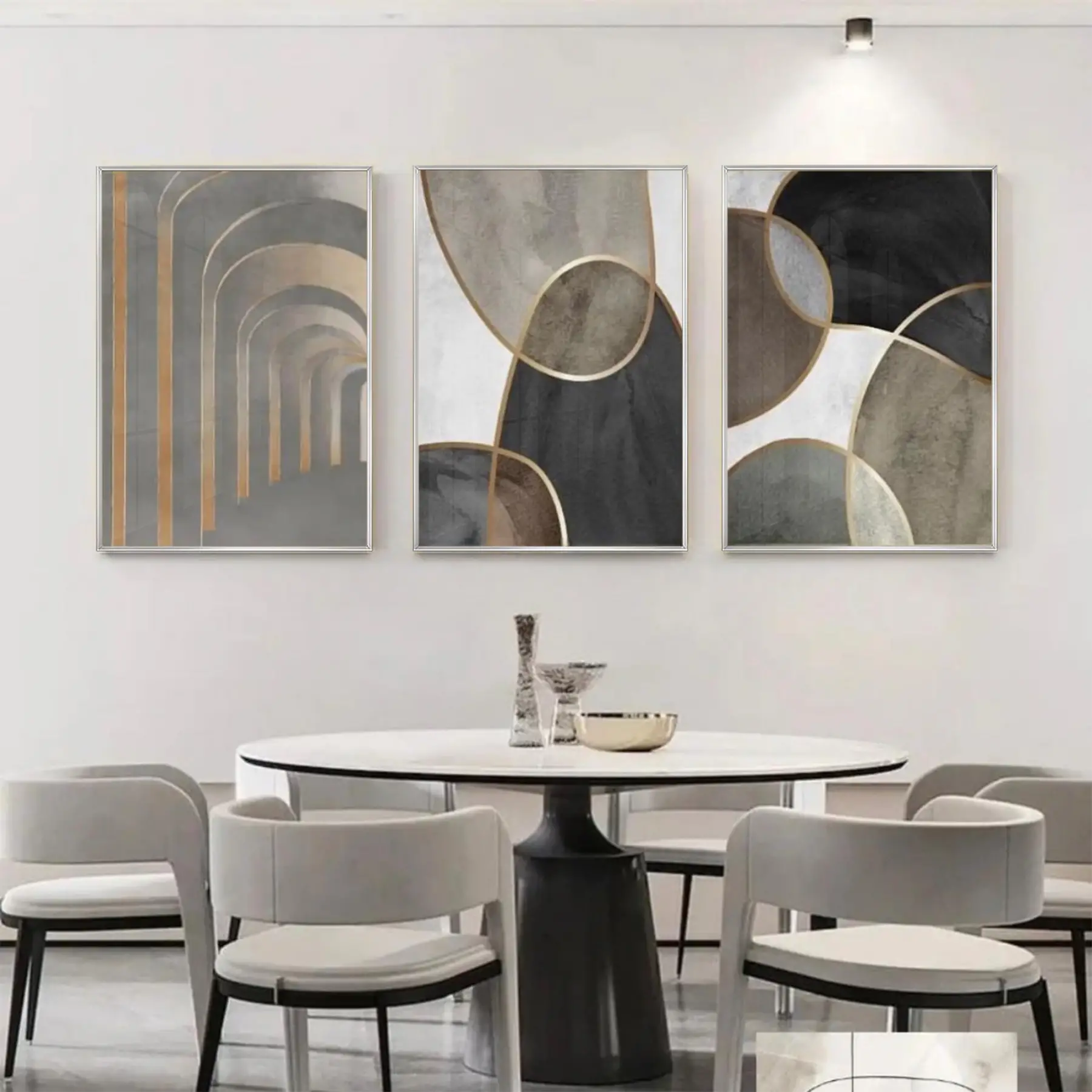 Kahve-Gri Desenli Metal Çerçeveli Tablo Seti Gümüş