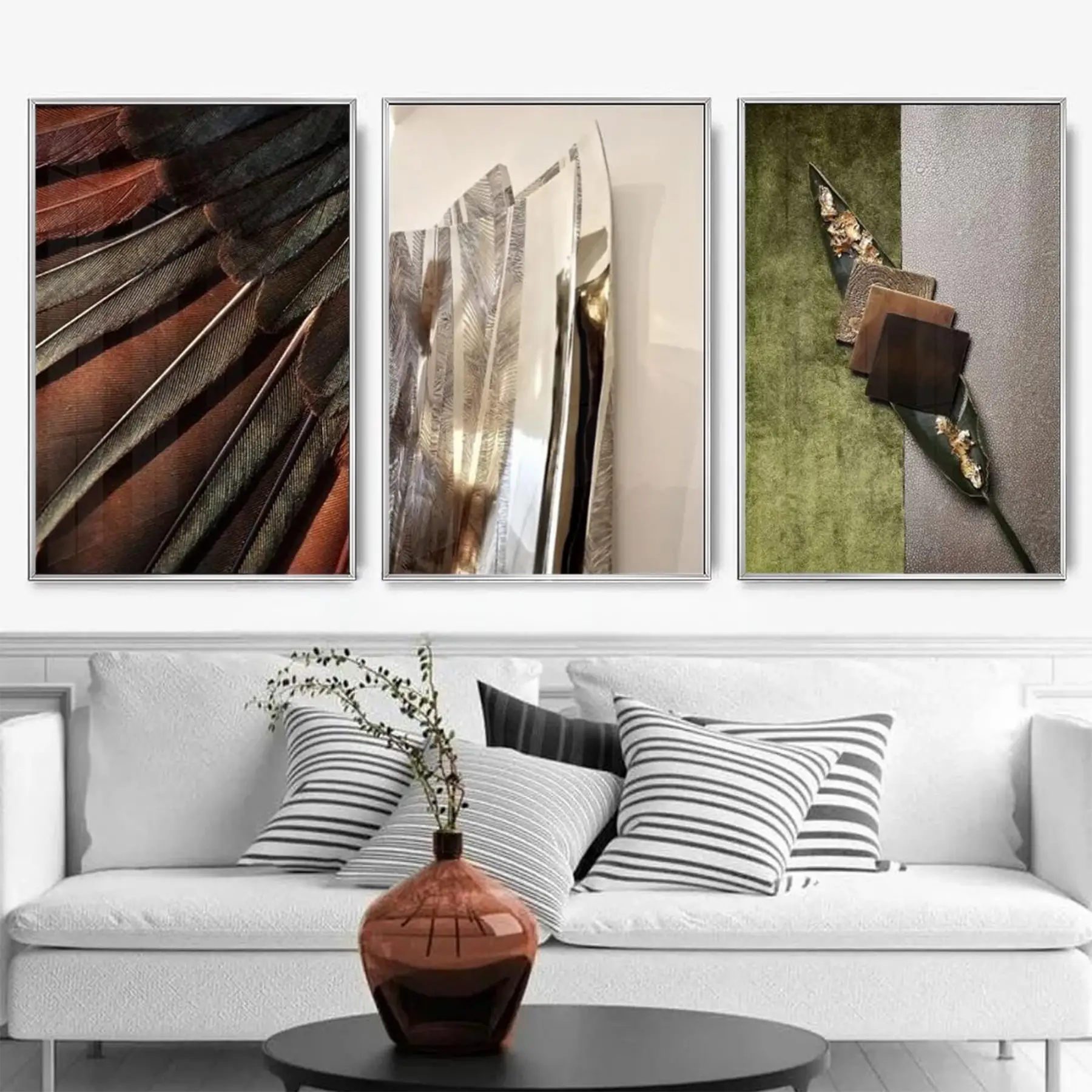 Farklı Renkler Geometrik Desenli Metal Çerçeveli Tablo Seti Gümüş