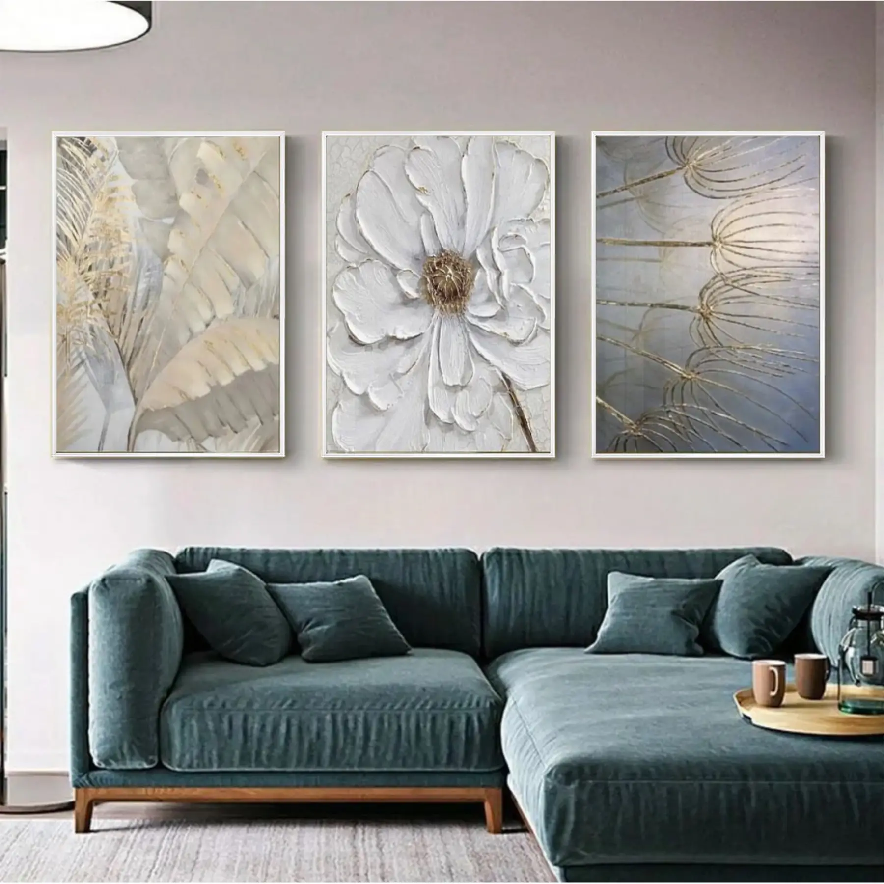 Çiçek Desenli Metal Çerçeveli Tablo Seti Beyaz