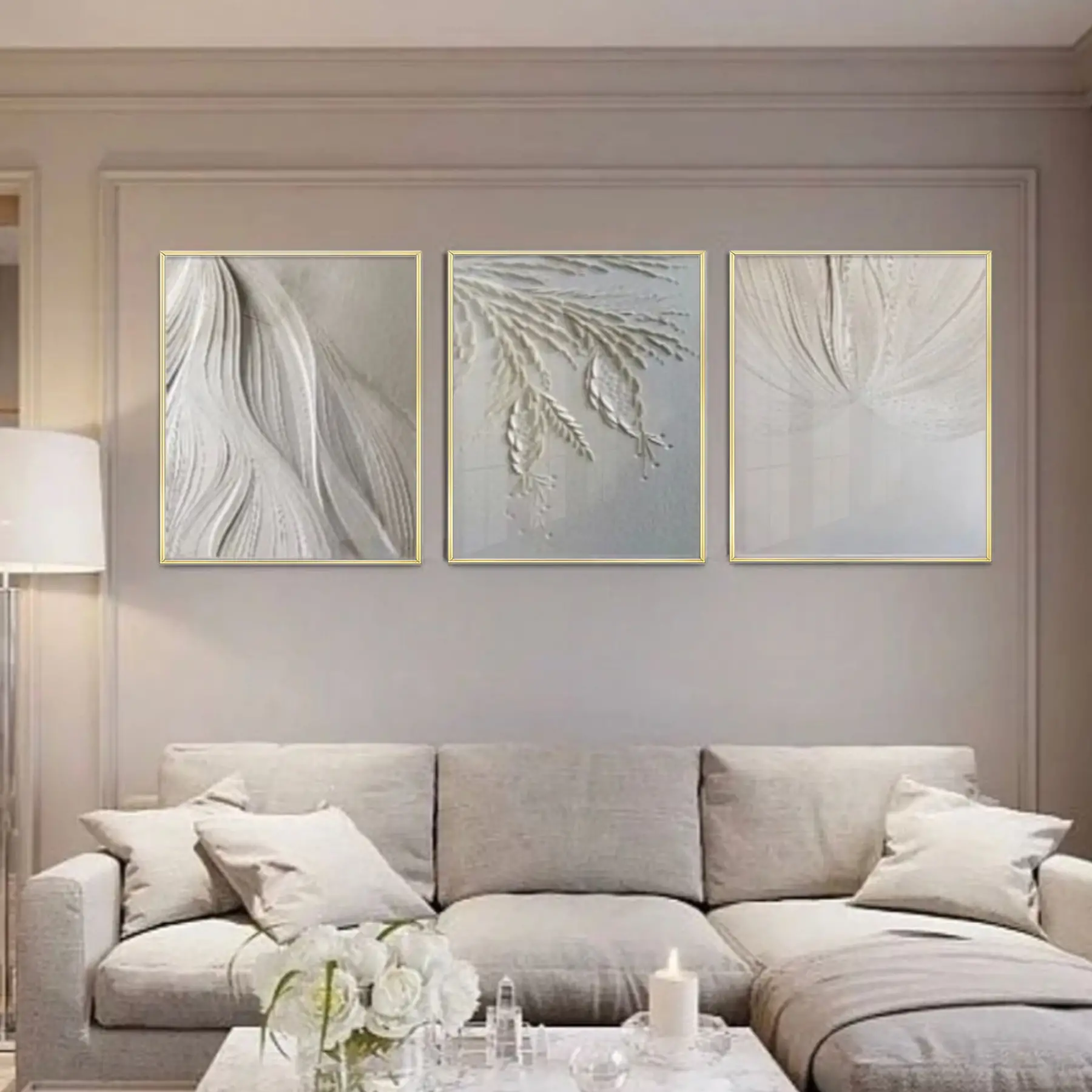 Beyaz Çiçek Desenli Metal Çerçeveli Tablo Seti Altın