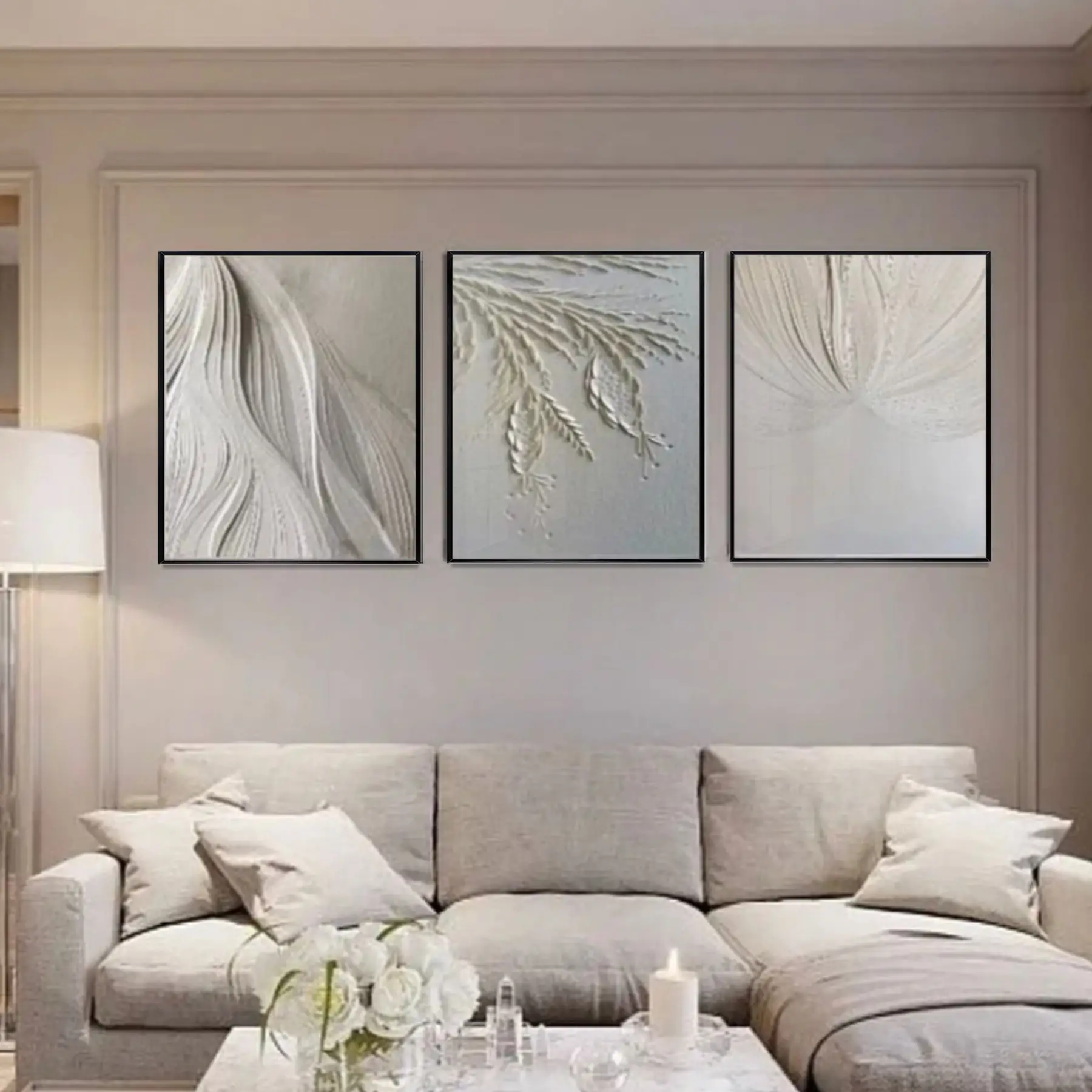 Beyaz Çiçek Desenli Metal Çerçeveli Tablo Seti Siyah