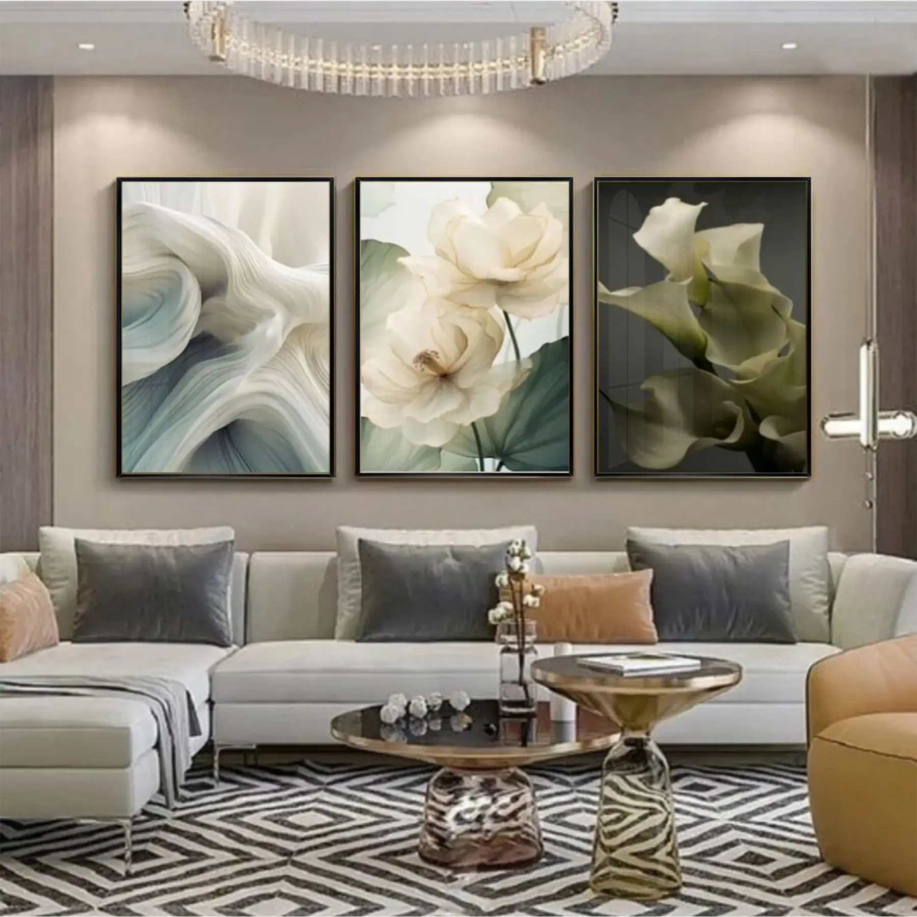 Yeşil Krem Çiçek Desenli Metal Çerçeveli Tablo Seti Siyah