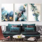 Mavi Yeşil Mermer Desenli Metal Çerçeveli Tablo Seti Beyaz