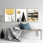 Siyah Sarı Geometrik Desenli Metal Çerçeveli Tablo Seti Altın