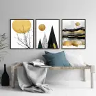 Siyah Sarı Geometrik Desenli Metal Çerçeveli Tablo Seti Siyah