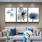 Mavi Çiçekler Desenli Metal Çerçeveli Tablo Seti Siyah