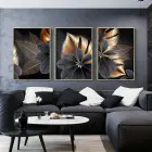 Siyah Çiçek Desenli Metal Çerçeveli Tablo Seti Altın