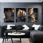 Siyah Çiçek Desenli Metal Çerçeveli Tablo Seti Gümüş