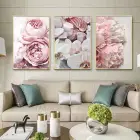 Pembe Çiçekler Desenli Metal Çerçeveli Tablo Seti Altın