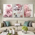 Pembe Çiçekler Desenli Metal Çerçeveli Tablo Seti Gümüş