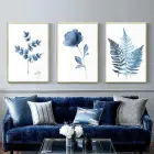 Mavi Çiçekler Desenli Metal Çerçeveli Tablo Seti Altın