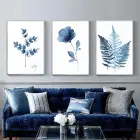 Mavi Çiçekler Desenli Metal Çerçeveli Tablo Seti Gümüş