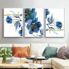 Mavi Çiçekler Desenli Metal Çerçeveli Tablo Seti Beyaz